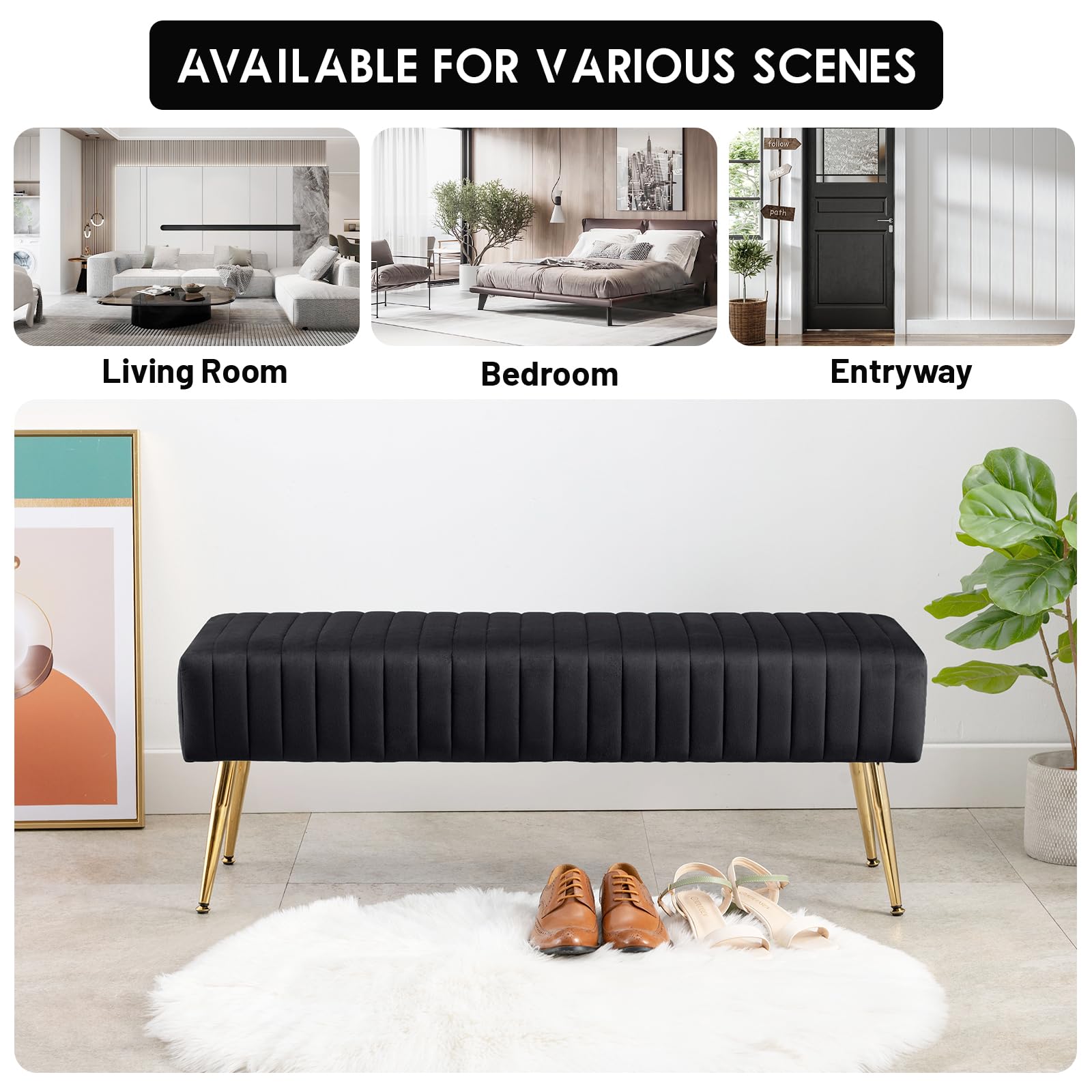 Furniliving 44 Inch Upholstered Tufted Striped Fabric Ottoman Bench with X-Shaped Metal Legs - Solid Wood Bedroom Bench for Living Room, Entryway, Foyer - Perfect for Seating, Storage & Home Decor (Black)