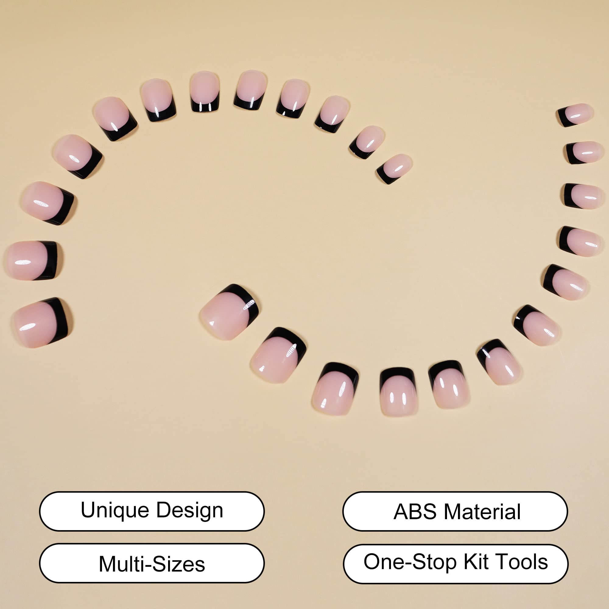 Celepaty Short Black Glossy Press on Nails Kit - 24Pcs French Tip Fake Nails with Glue - Square & Oval Full Cover Gel False Nails for Women & Girls - Perfect for Parties, Weddings & Daily Wear
