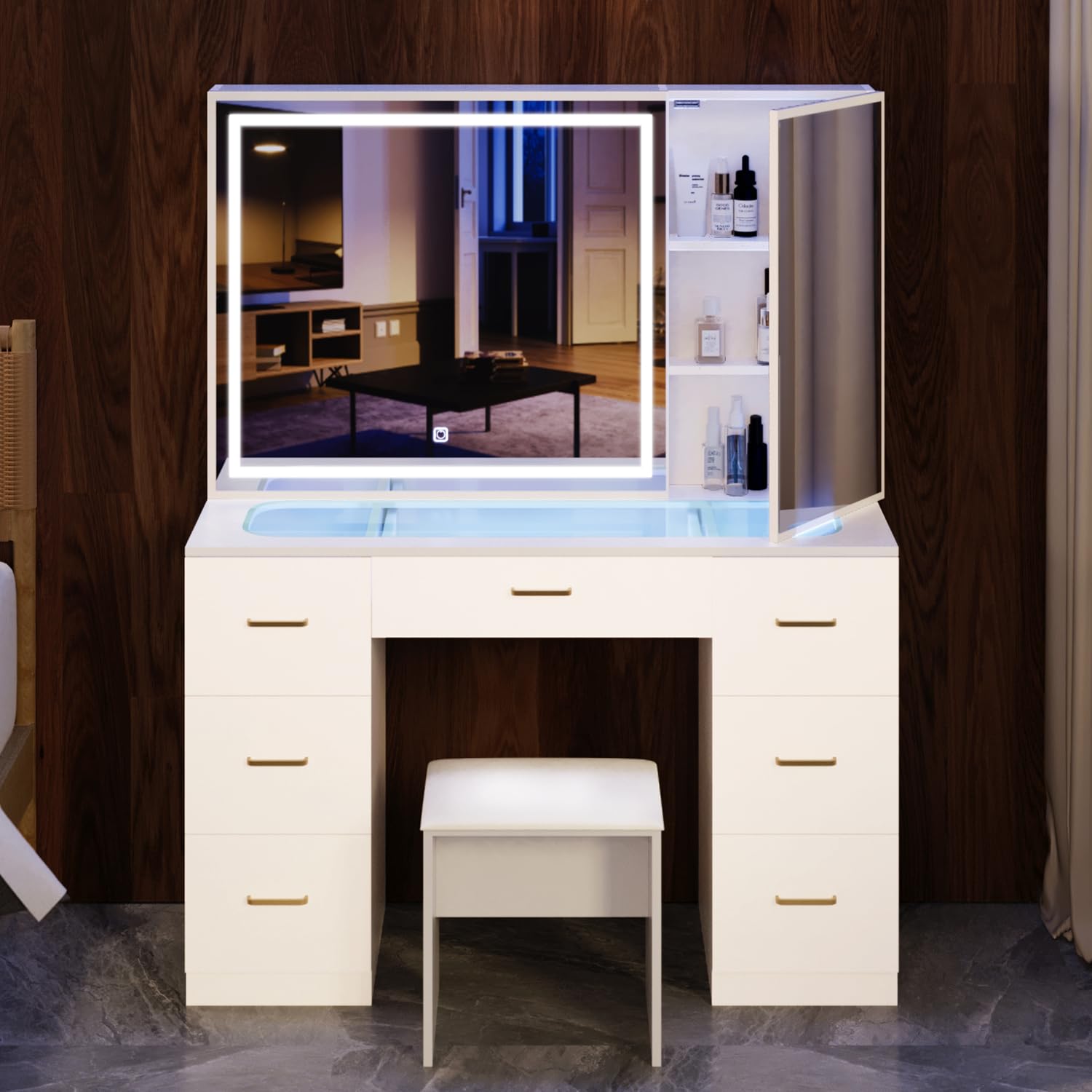 Modern White Glass Top Vanity Desk with 7 Drawers, Adjustable LED Mirror & Stool - Clear Dressing Table for Bedroom Makeup & Skincare Routine