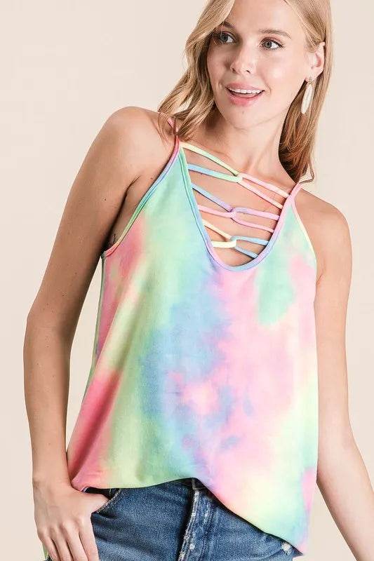 BiBi Tie Dye Terry Caged Neck Knit Camisole Top - Women's Fashion Summer Boho Crop Tank - Perfect for Beach, Music Festivals & Casual Outings