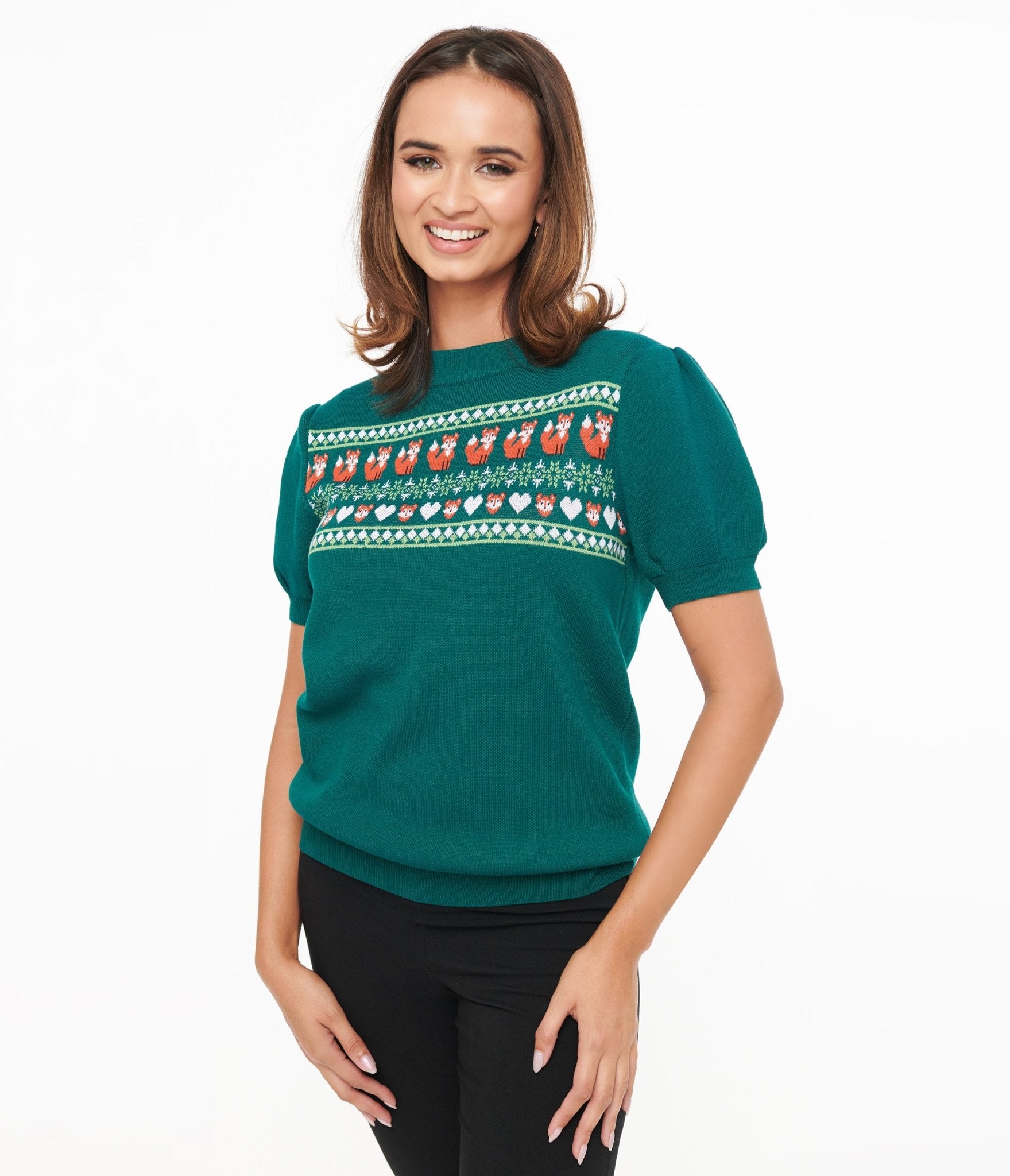 Vintage Green Fox Fair Isle Paige Sweater - Cozy Knit Pullover for Women | Perfect for Christmas, Winter Holidays & Casual Outfits