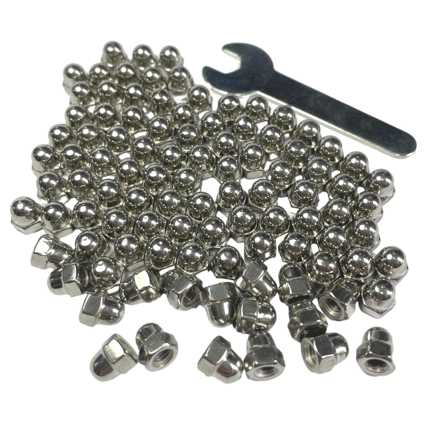 100pcs M4-0.7 Acorn Cap Nuts, 304 Stainless Steel Dome Head Hex Nuts with Bright Finish - 18-8 Grade Hardware Fasteners for Furniture, Automotive & DIY Projects - Includes Open End Wrench for Easy Installation