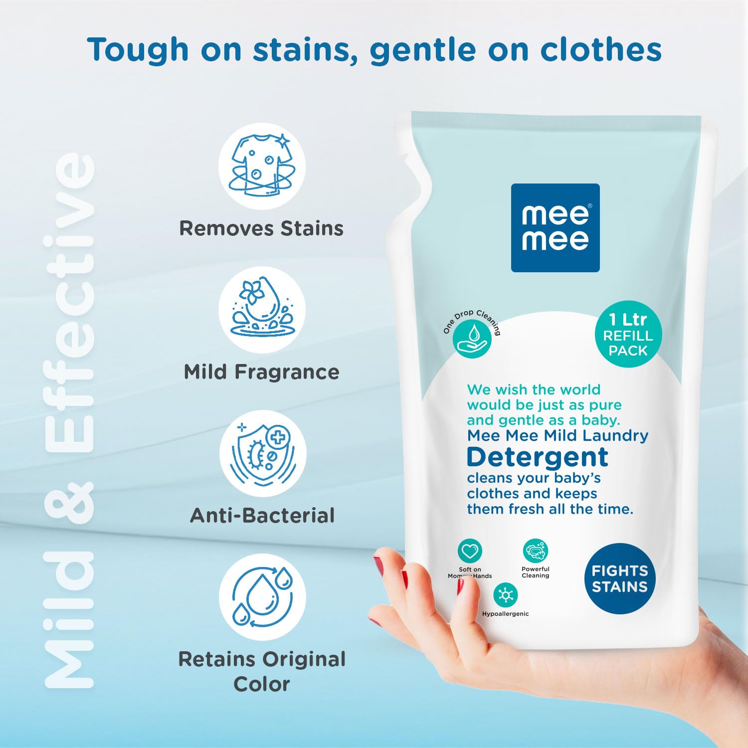 Mee Mee Baby Liquid Laundry Detergent 1L - Hypoallergenic, Ph Balanced & Chemical-Free | Gentle on Baby Skin & Mom's Hands | Antibacterial Stain & Odor Remover | Perfect for Newborn Clothes, Blankets & Sensitive Skin Care