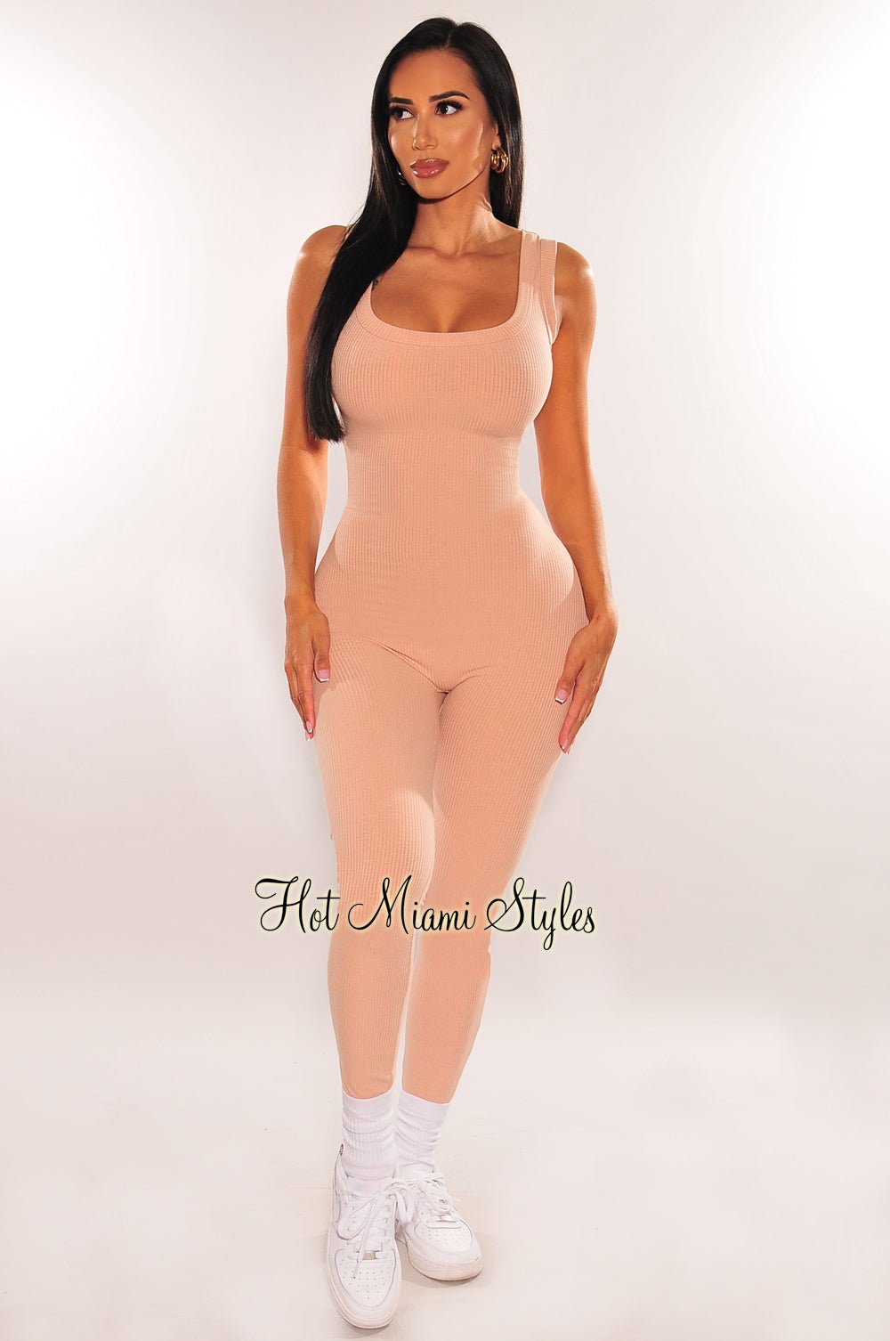 Blushed Nude Ribbed Round Neck Sleeveless Jumpsuit for Women - Stretchy Comfortable Bodycon Romper - Perfect for Summer Outfits, Beach Vacations & Date Nights