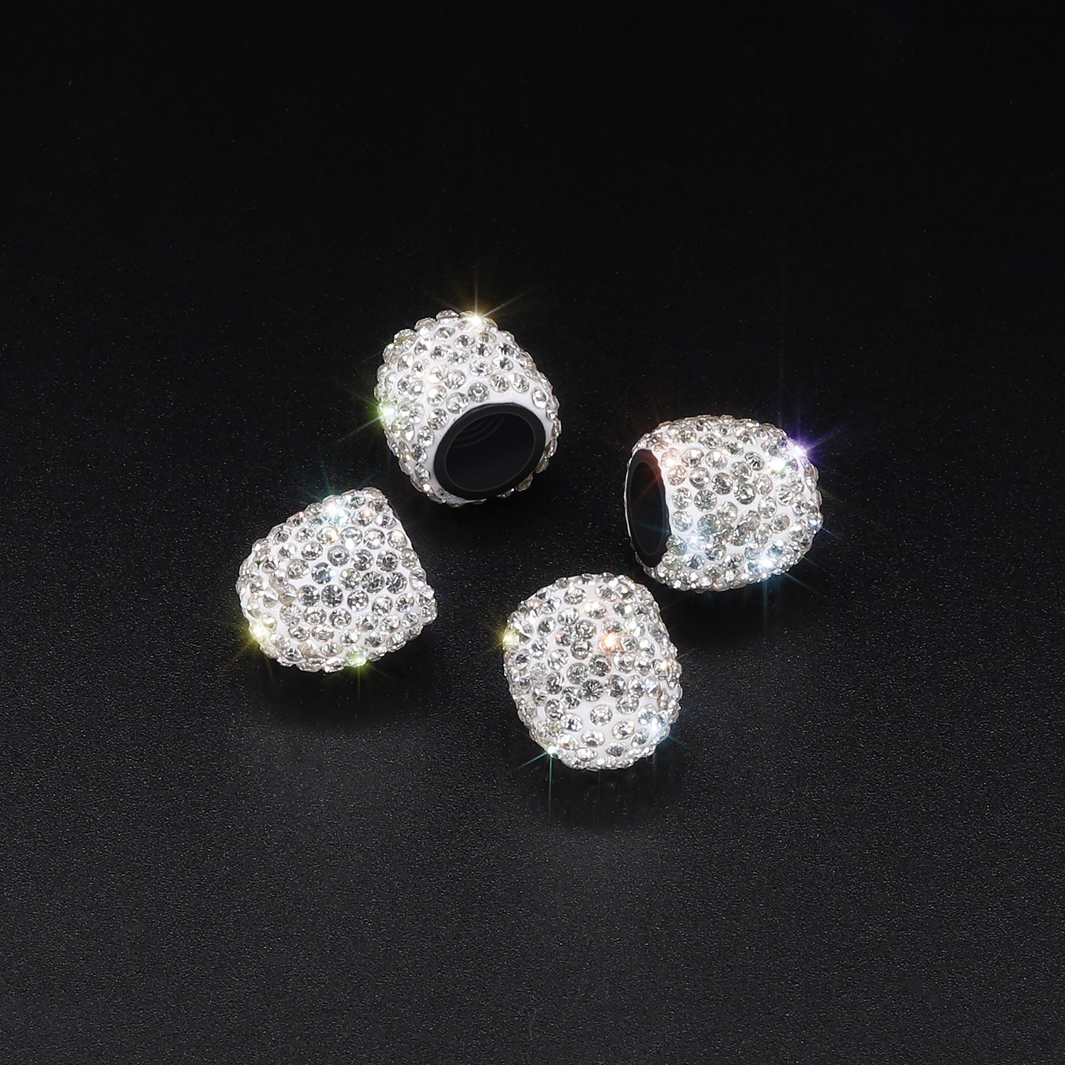 SAVORI 4 Pack Handmade Crystal Rhinestone Tire Valve Caps - Elegant White Dustproof Car Accessories for Wheels, Perfect for Luxury Vehicles & Gift Giving