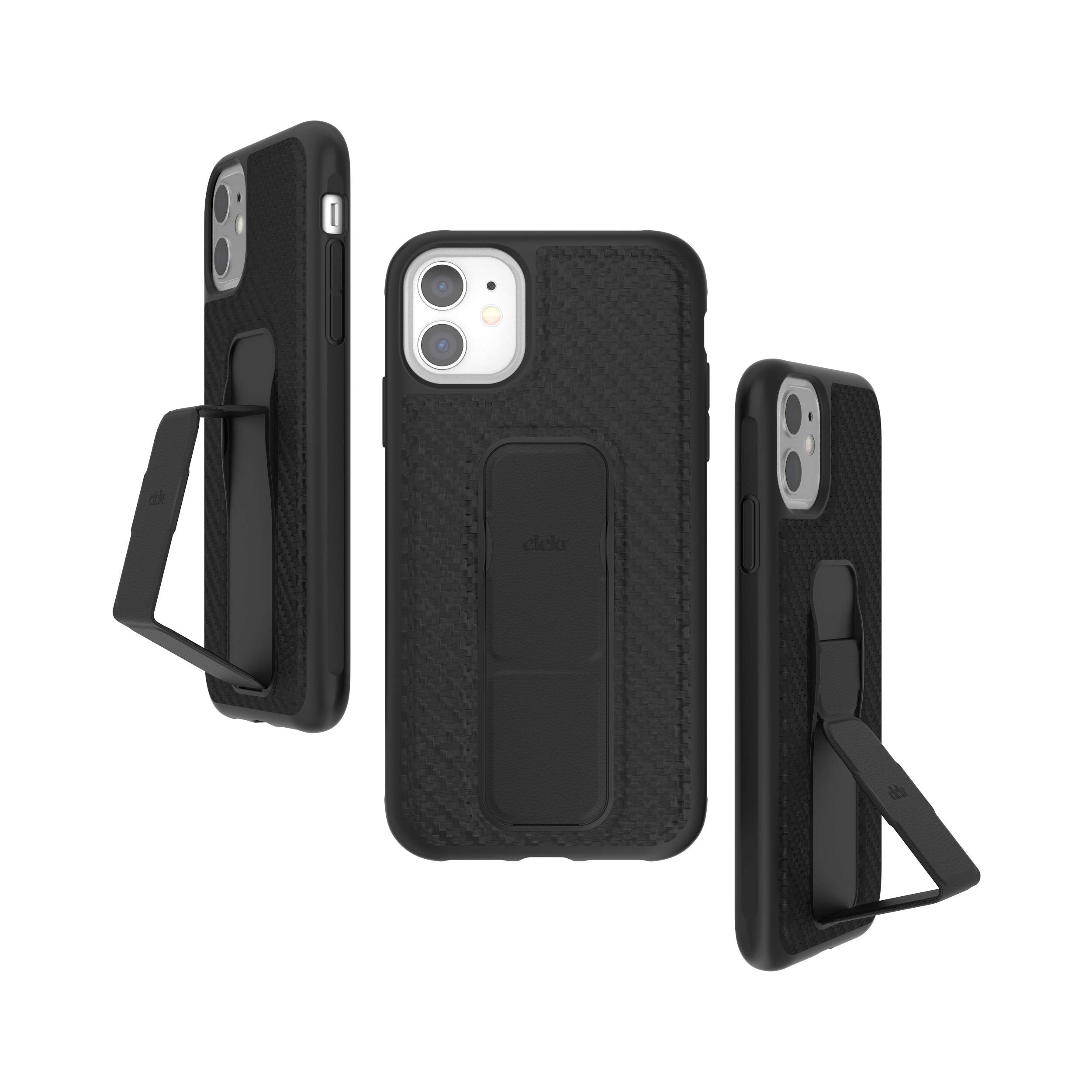 CLCKR iPhone 11 Case with Kickstand & Phone Grip Holder - Carbon Fiber PU Black Protective Cover with Expandable Stand | Perfect for Watching Videos, Gaming, and Hands-Free Calls