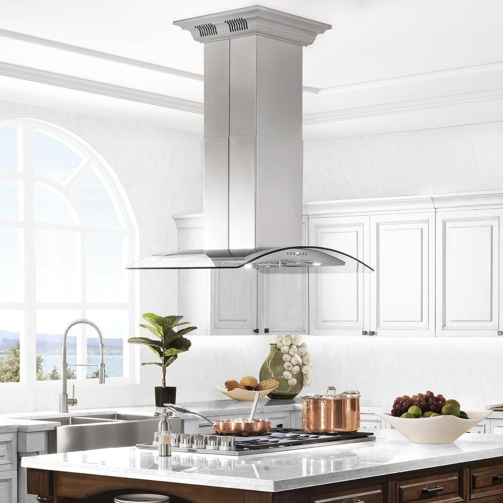 ZLINE GL5iCRN BT Stainless Steel Island Mount Range Hood with Built-in CrownSound Bluetooth Speakers - Premium Kitchen Ventilation for Modern Homes, Perfect for Cooking & Entertaining