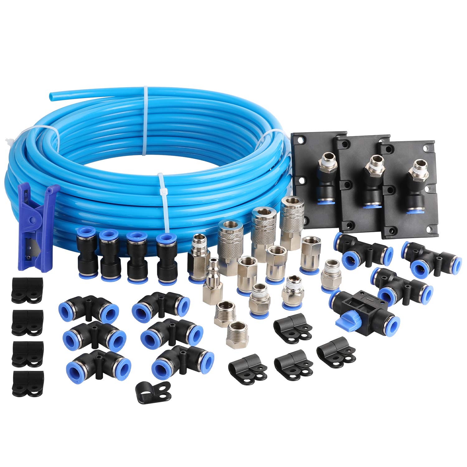 WYNNsky 3/8 Inch (9.5MM) OD × 60 Feet Nylon Air Compressor Hose Kit with 200PSI Rating, Includes Cutter, Tees, Mounting Clips & 49PCS Connectors - Perfect for Garage, Workshop & Industrial Air Compressor Systems