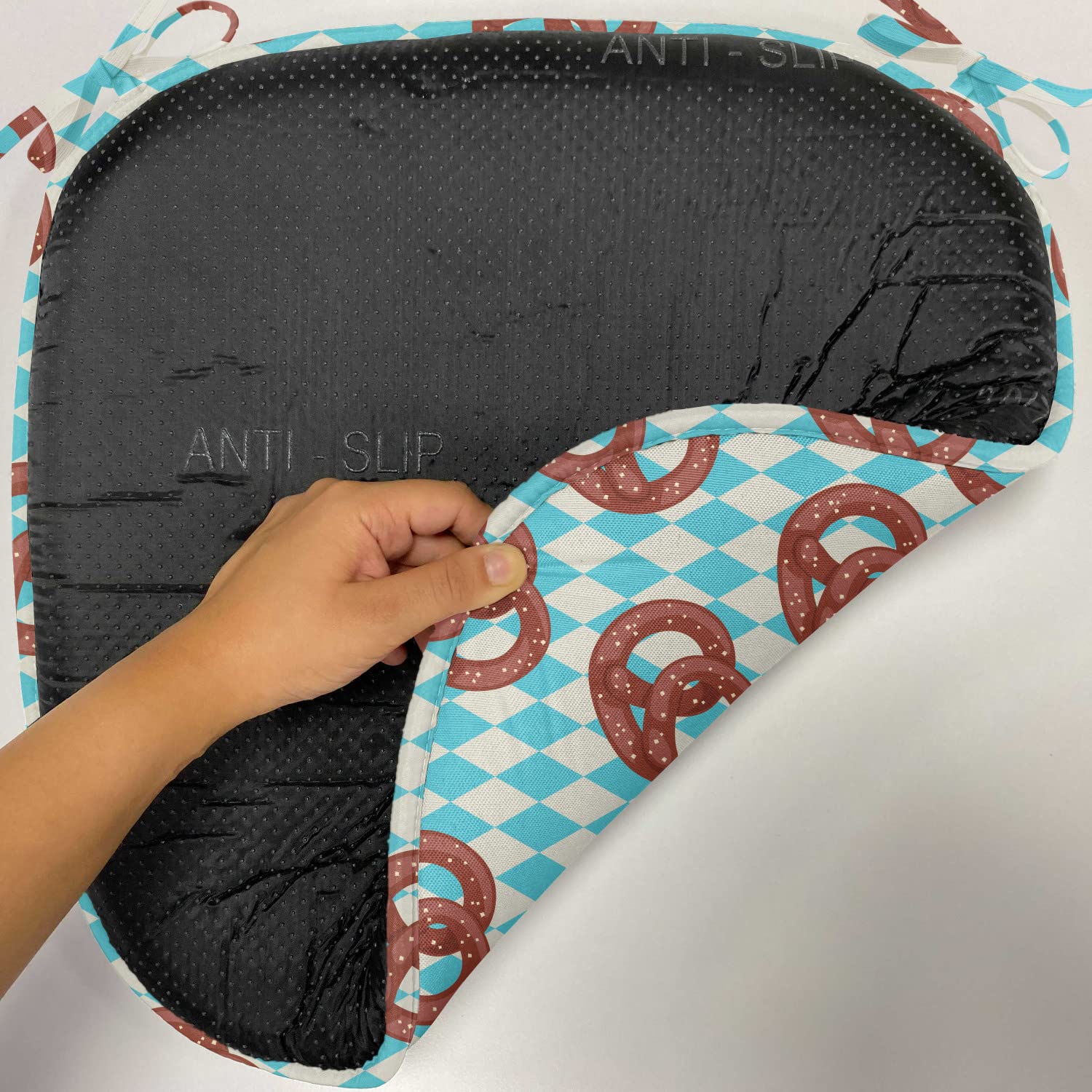 Lunarable Oktoberfest Chair Cushion Set of 12 - Diamond Pattern Pretzel Design German Country Snack Theme - Non-Slip Kitchen & Patio Seat Pads 16x16 Inches in Sky Blue Ivory Redwood - Perfect for Beer Festivals, Outdoor Dining & Bavarian Decor
