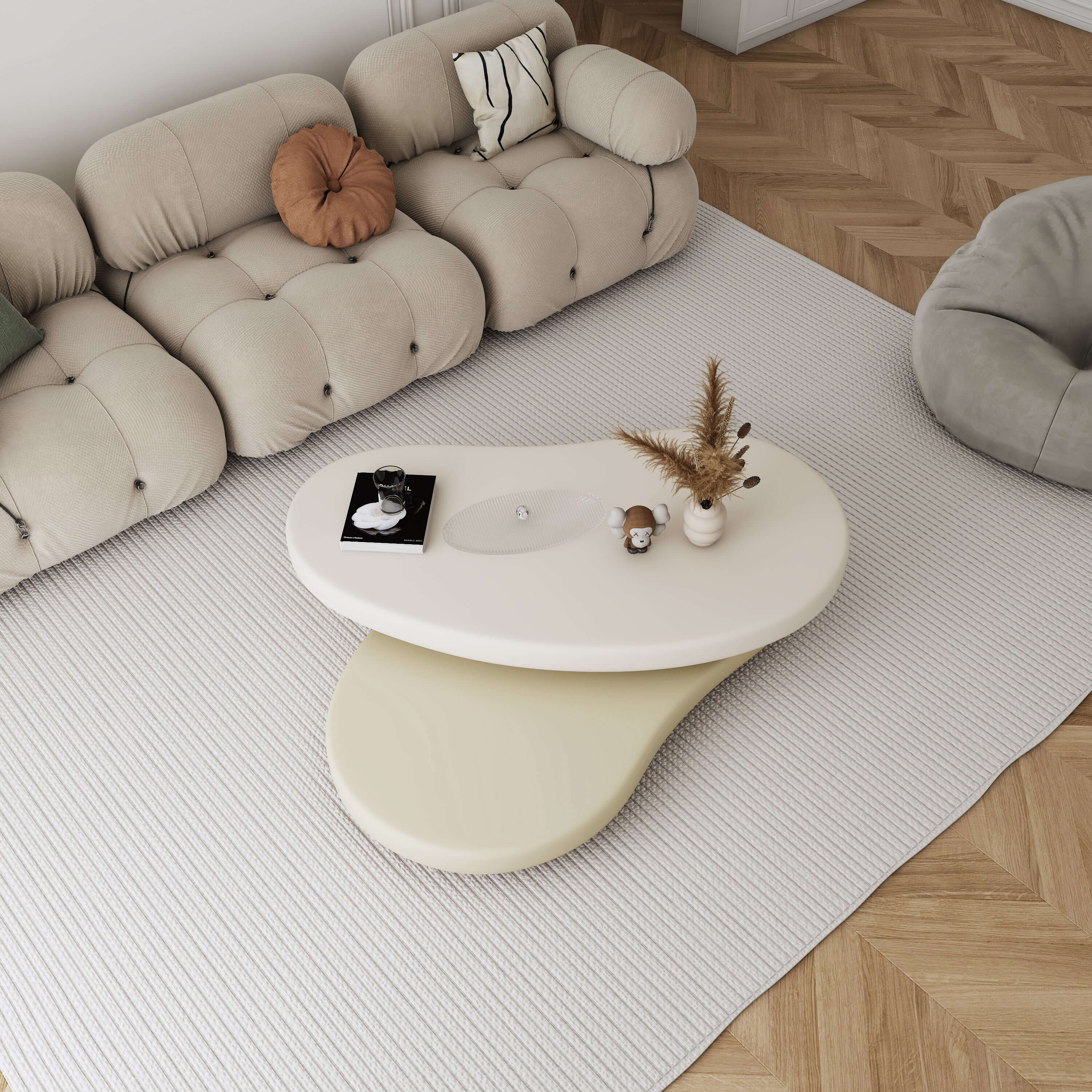 Minimalist Rotatable Coffee Table with Unique Oval Design - Off White & Beige Elegance - Perfect for Living Room, Office, or Small Space Decor