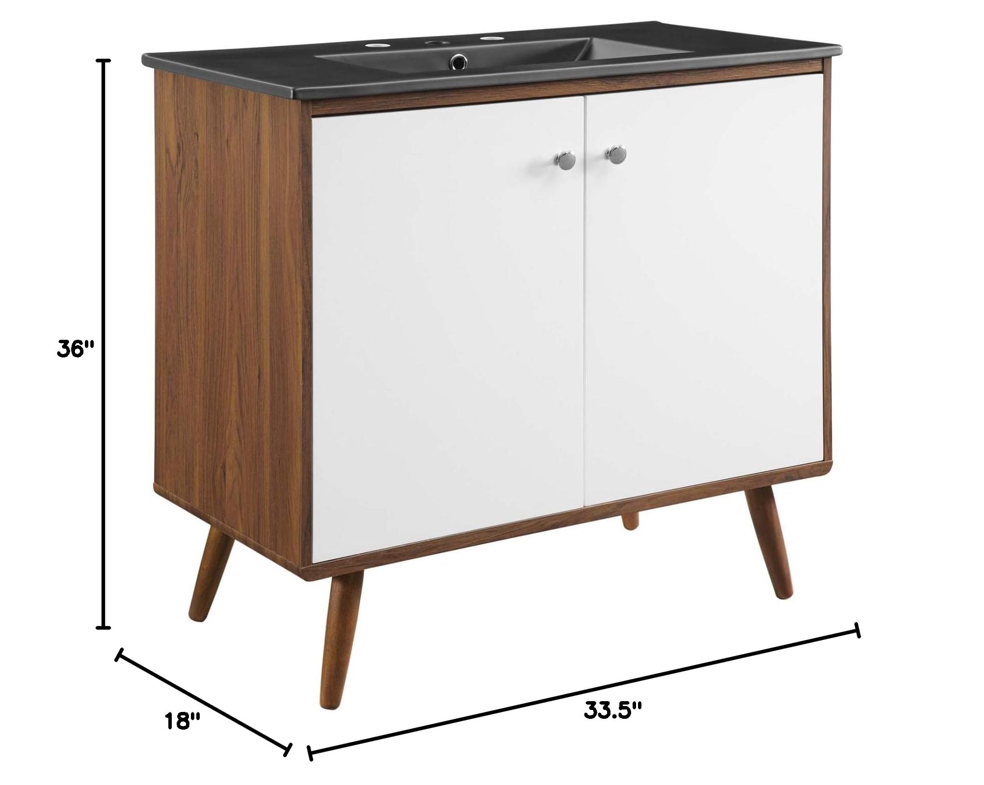 Modway Transmit 36 Inch Walnut Black Bathroom Vanity with Sink - Modern Storage Cabinet for Small Bathrooms, Powder Rooms & Master Baths