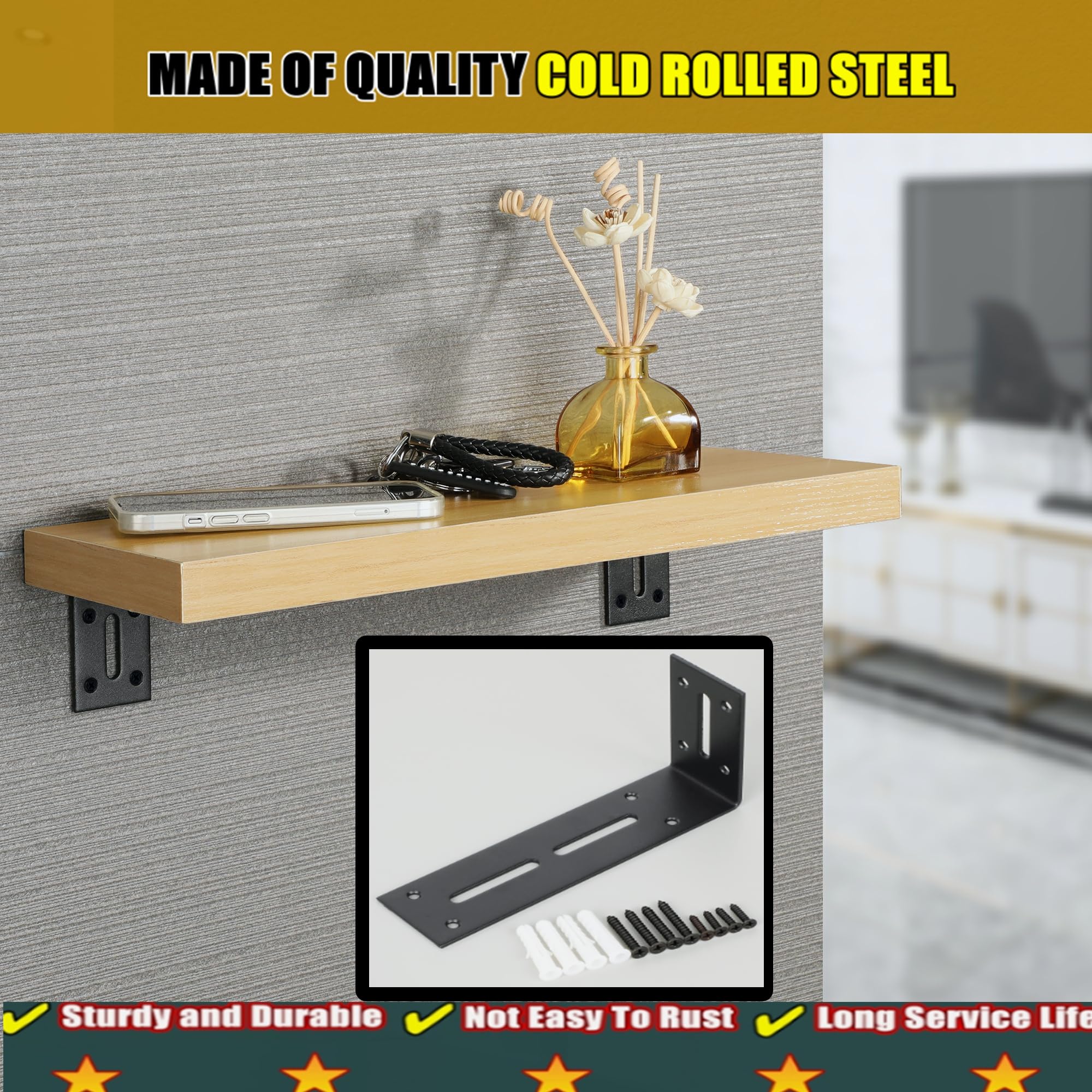 Heavy Duty Black Floating Shelf Brackets - 120x60mm L-Shaped Wall Mount Corner Braces for Wooden Shelves, Pack of 4 - Perfect for Home Office, Kitchen & Bathroom Storage Organization