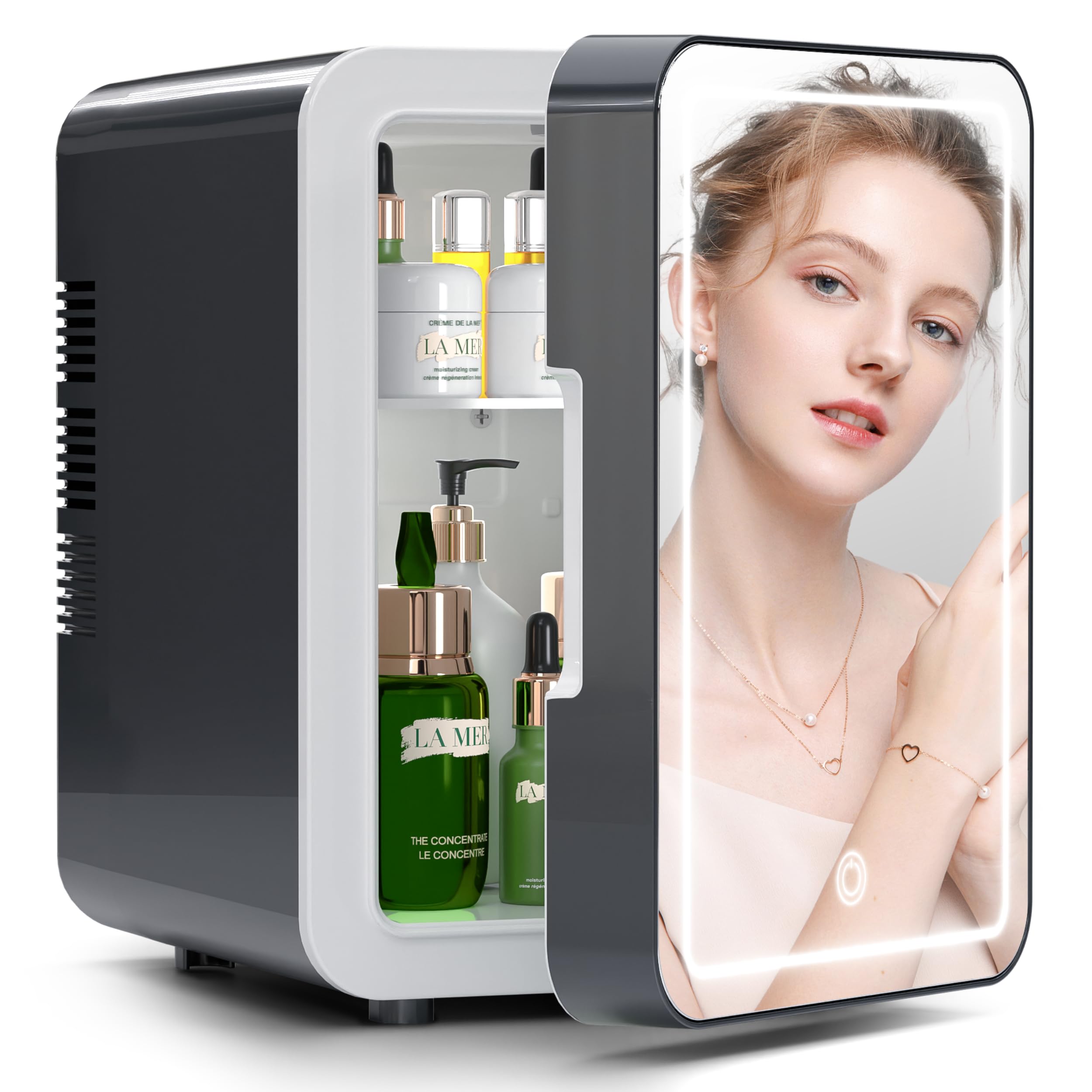 BOGDA 4L Mini Skincare Fridge with LED Light Mirror - Portable Cosmetic Cooler & Warmer for Makeup, Skincare, Food & Drinks - Perfect for Bedroom, Office, Car & Travel - Compact 6-Can Capacity (Grey)