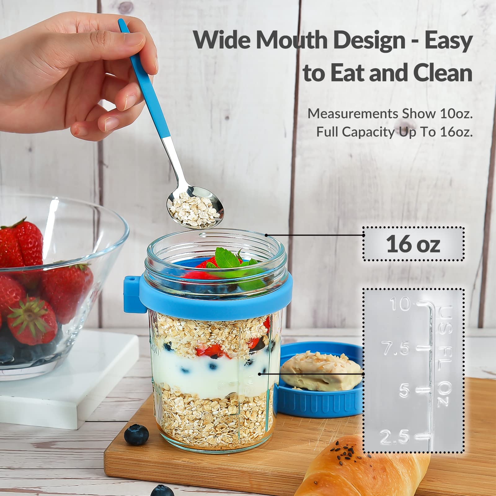 DRKIO 4 Pack 16 Oz Glass Mason Jars with Lids & Spoons - Leak Proof Overnight Oats Containers for Meal Prep, Perfect for Cereal, Yogurt, Fruit, Salad, Vegetables & Milk Storage - Ideal for Breakfast, Office Lunch & Healthy Snacks On-The-Go