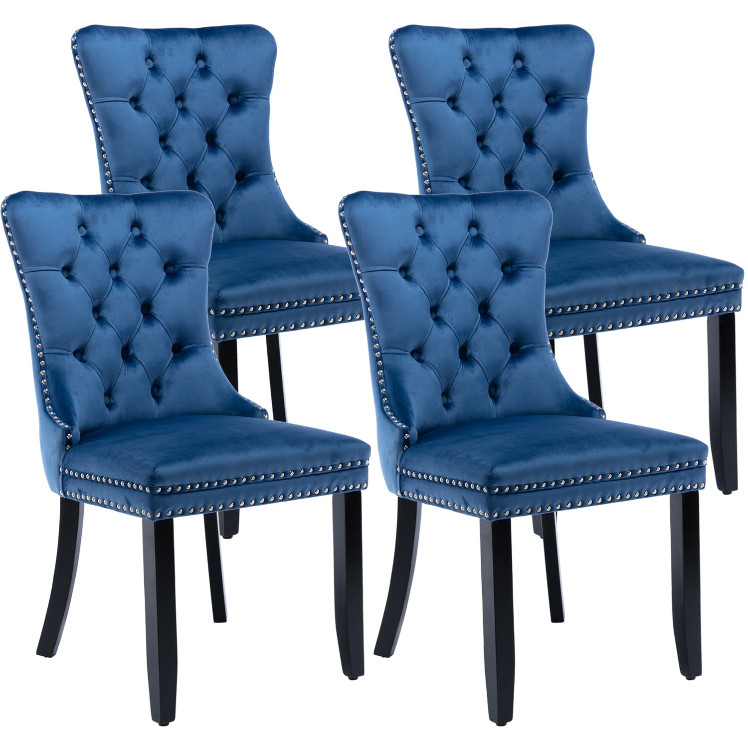 Luxury Velvet Dining Chairs Set of 4 - Modern Upholstered Kitchen & Dining Room Chairs with Ring Pull Trim, Button Tufted Back - Elegant Blue Velvet Living Room Chairs for Home Decor, Dinner Parties & Cozy Gatherings