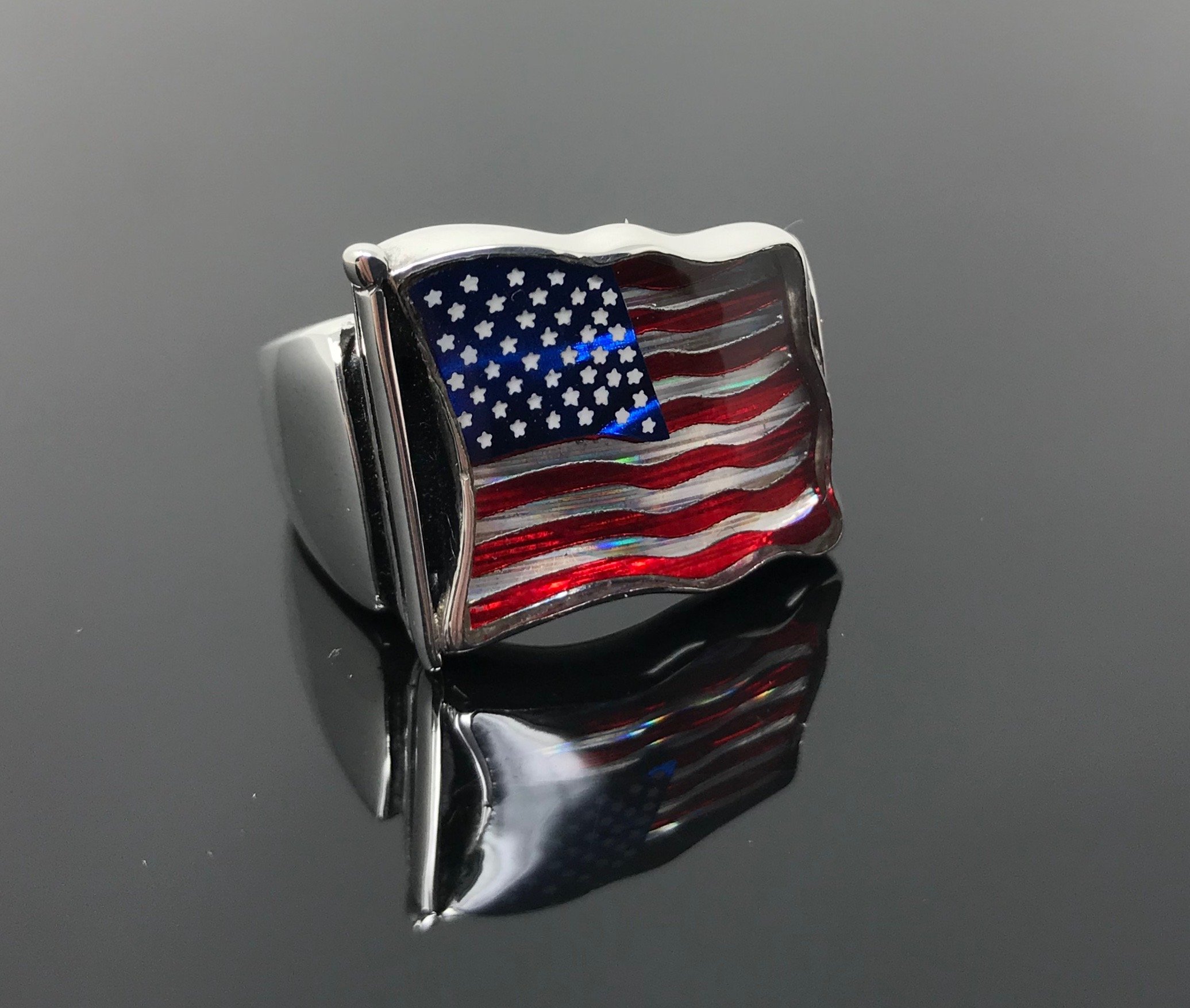 KAR 925 Sterling Silver Men's Ring - Patriotic American Flag Design with 'God Bless America' Engraving | Perfect for 4th of July, Veterans Day & Patriotic Gift Giving