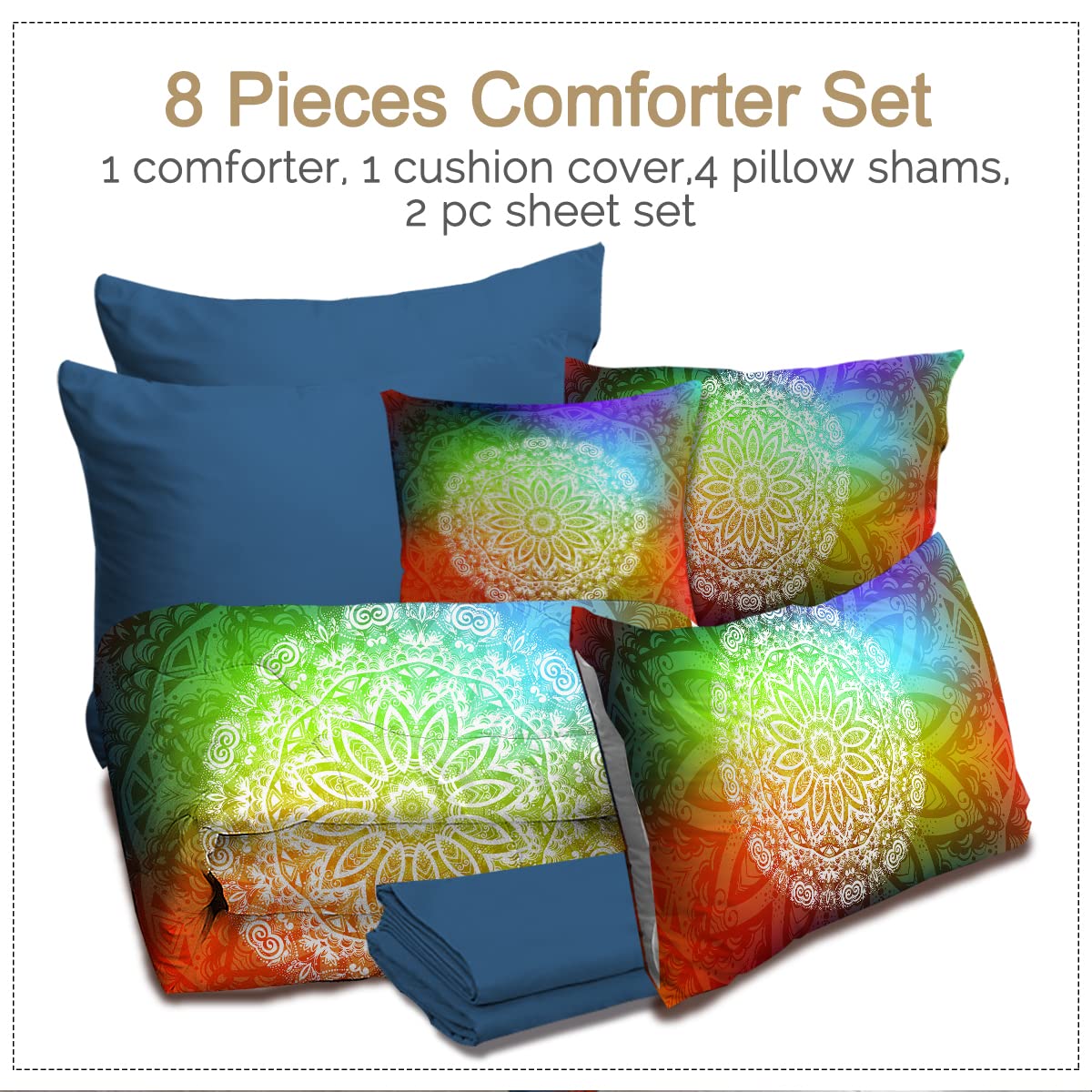 BlessLiving Mandala Twin Bedding Sets - Bohemian 8-Piece Bed in a Bag with Comforter & Sheets (Twin, Neon Green/Red/Blue) | Perfect for Boho Bedroom Decor, Dorm Room Essentials & Hippie Style Home