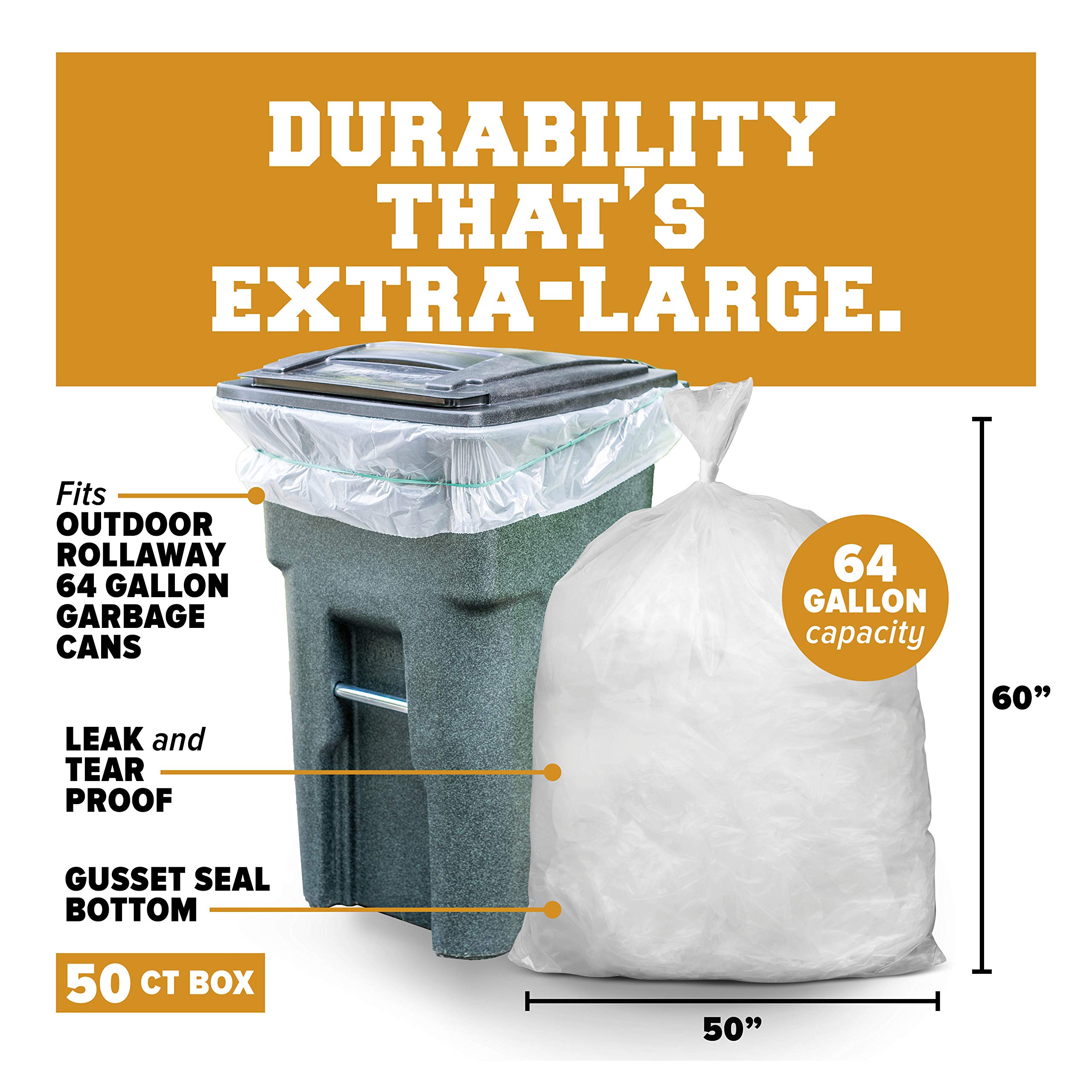 Heavy Duty 64-65 Gallon Clear Trash Bags - 1.5 Mil Thick Plastic Garbage Can Liners for Toter (50