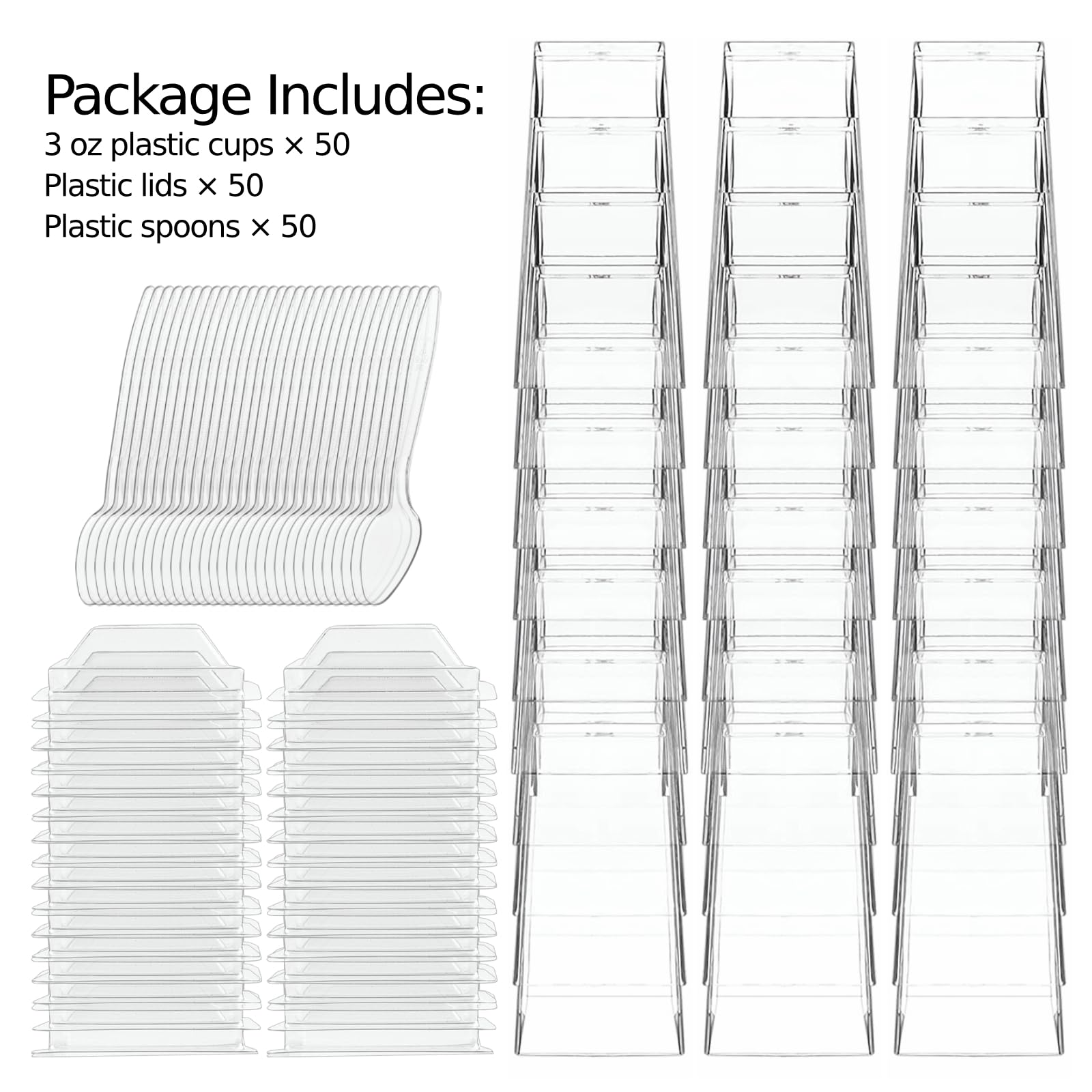 Zezzxu 50-Pack 3 oz Mini Plastic Dessert Cups with Lids & Spoons - Square Shooter Glasses for Appetizers, Parfaits, Mousse, Trifle, Fruit Pudding | Perfect for Parties, Catering & Home Dessert Serving