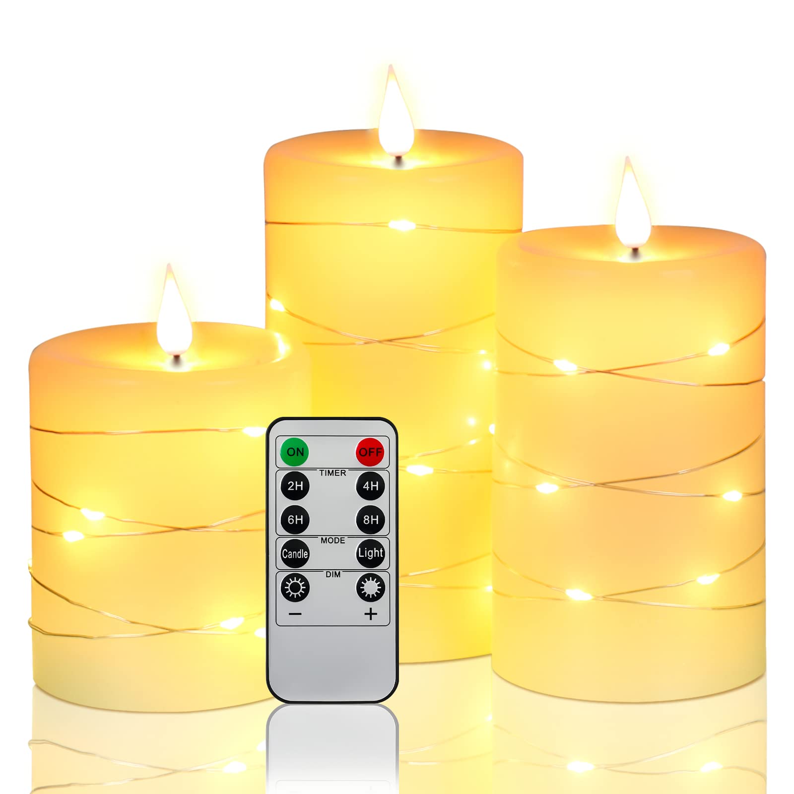 Flameless LED Candles with Remote & Timer - Battery Operated Real Wax Candles with String Lights, 3-Pack Ivory White - Perfect for Home Decor, Weddings, and Romantic Ambiance