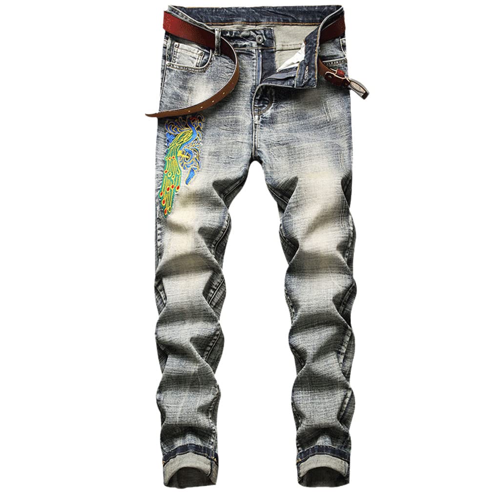 Kiioouu Men's Embroidered Slim Fit Ripped Jeans - Distressed Denim Pants with Motorcycle Style Embroidery | Perfect for Casual Wear, Biker Outfits & Street Fashion