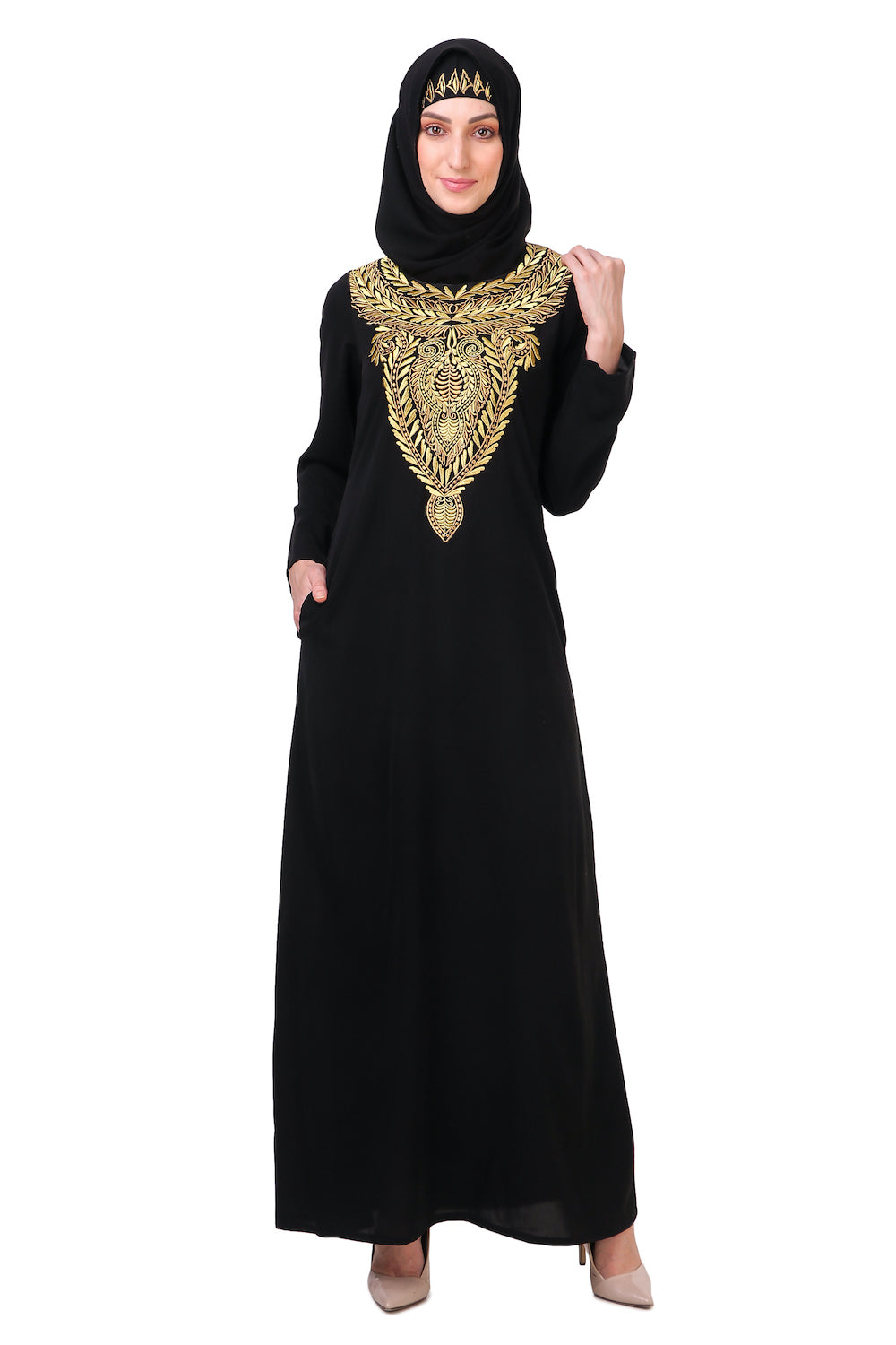 Hand Embroidered Gold & Copper Neck Abaya Dress - Elegant Islamic Modest Fashion for Women | Perfect for Eid, Weddings & Special Occasions