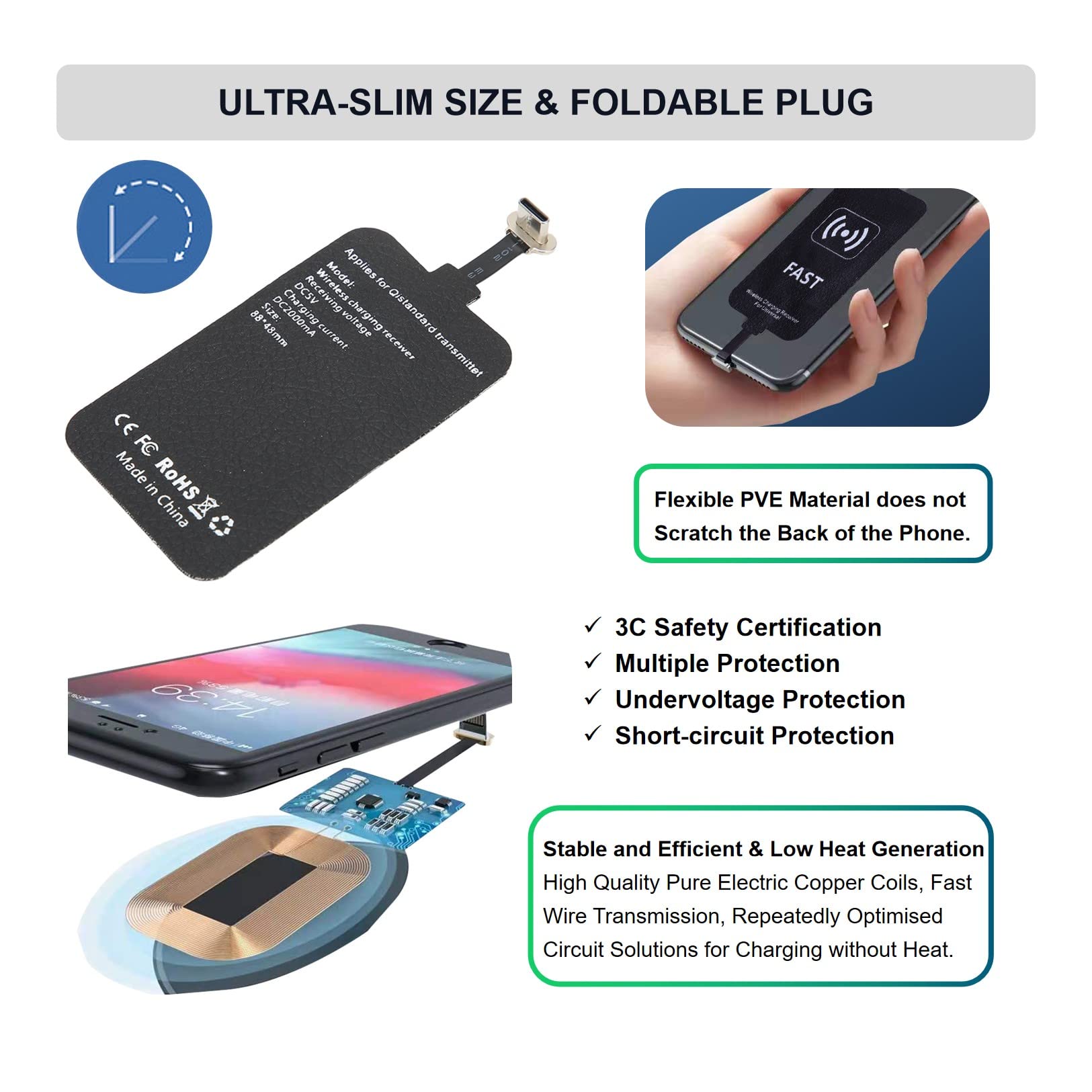10W USB Type C Fast Qi Wireless Charging Receiver Adapter - DIY Wireless Charging Module for Phones, Cars & Home Use