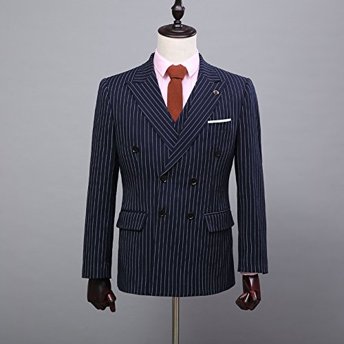 Men's 3-Piece Navy Blue Pinstripe Suit Set - Slim Fit Double Breasted Blazer, Waistcoat & Dress Pants (6 Buttons) | Formal Business Attire, Wedding, Office & Special Occasions