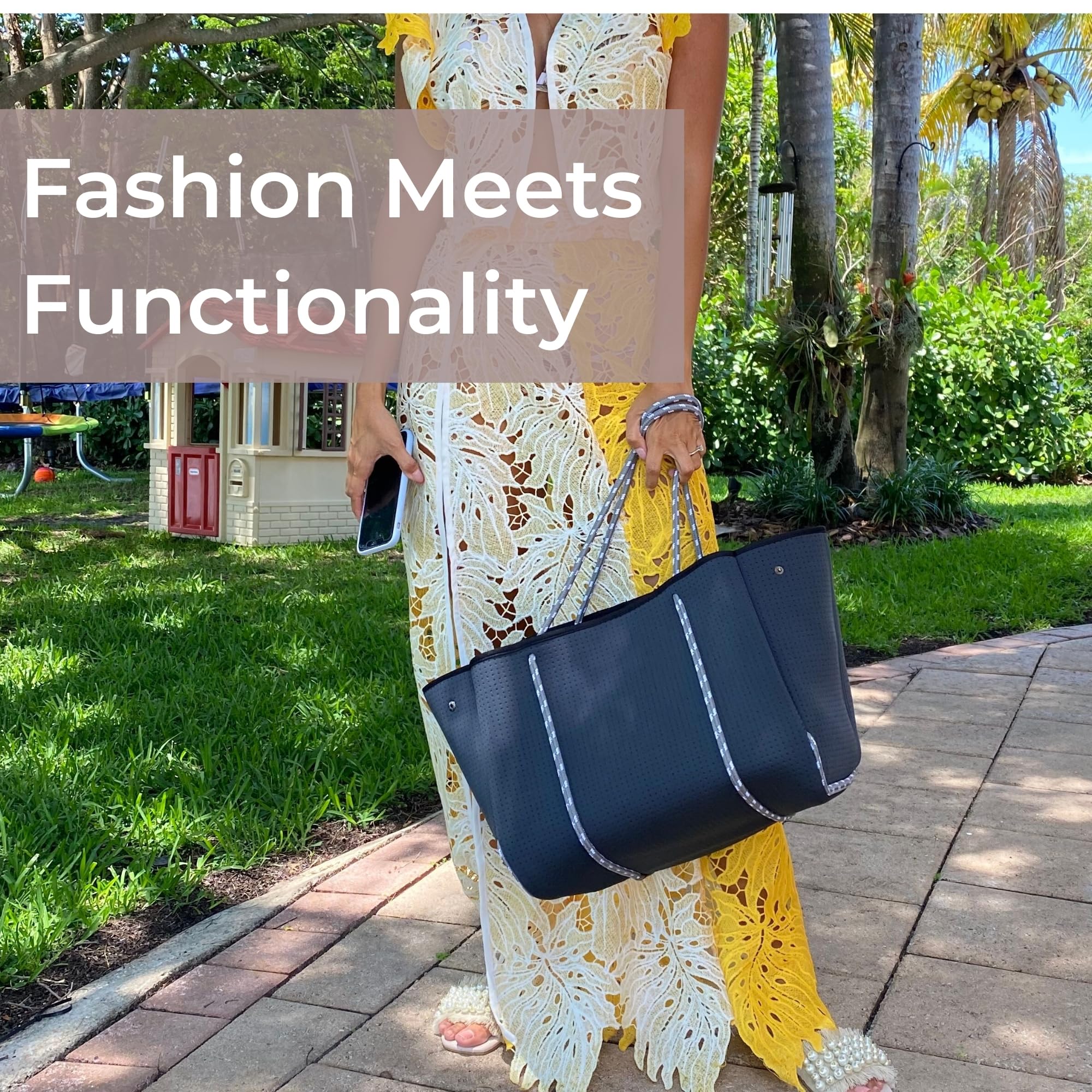 Stylish Large Neoprene Tote Bag for Women - Waterproof Designer Handbag with Multiple Pockets & Zipper Pouch - Perfect for Work, Travel, Beach & Gym Essentials