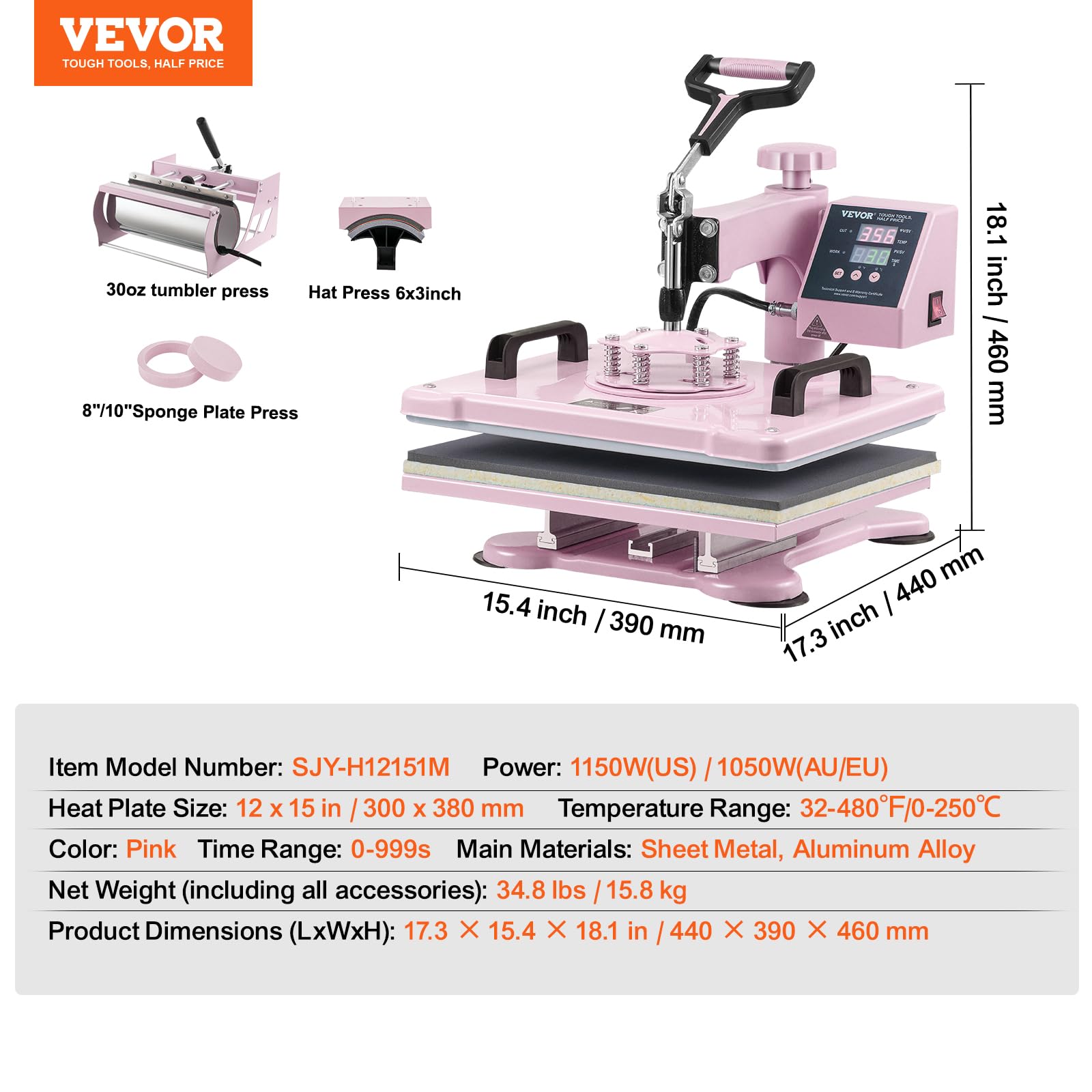 VEVOR 5 in 1 Heat Press Machine Combo with 30oz Tumbler Press & Hat Press, 12x15 Inch Sublimation Heat Press for T-Shirts, Hats, Caps, Tumblers, Mugs, Plates - Perfect for DIY Crafts, Custom Apparel & Small Business (Pink)