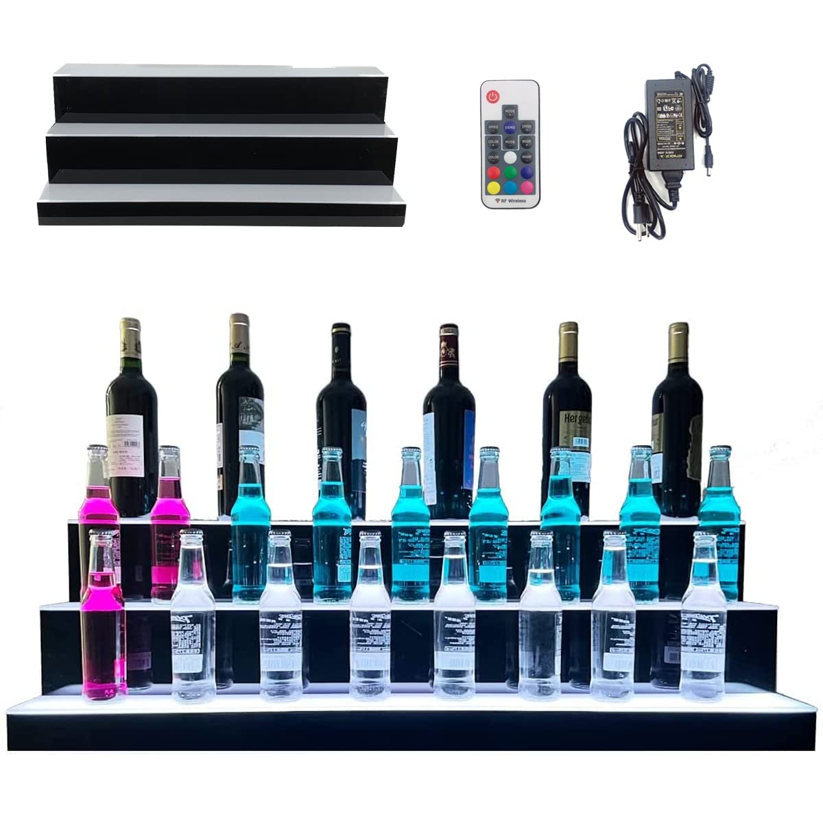 39 Inch 3-Tier LED Lighted Liquor Bottle Display Shelf - Remote Control Color Changing Bar Shelving for Home & Commercial Use | Perfect for Bars, Restaurants, and Home Entertainment Spaces