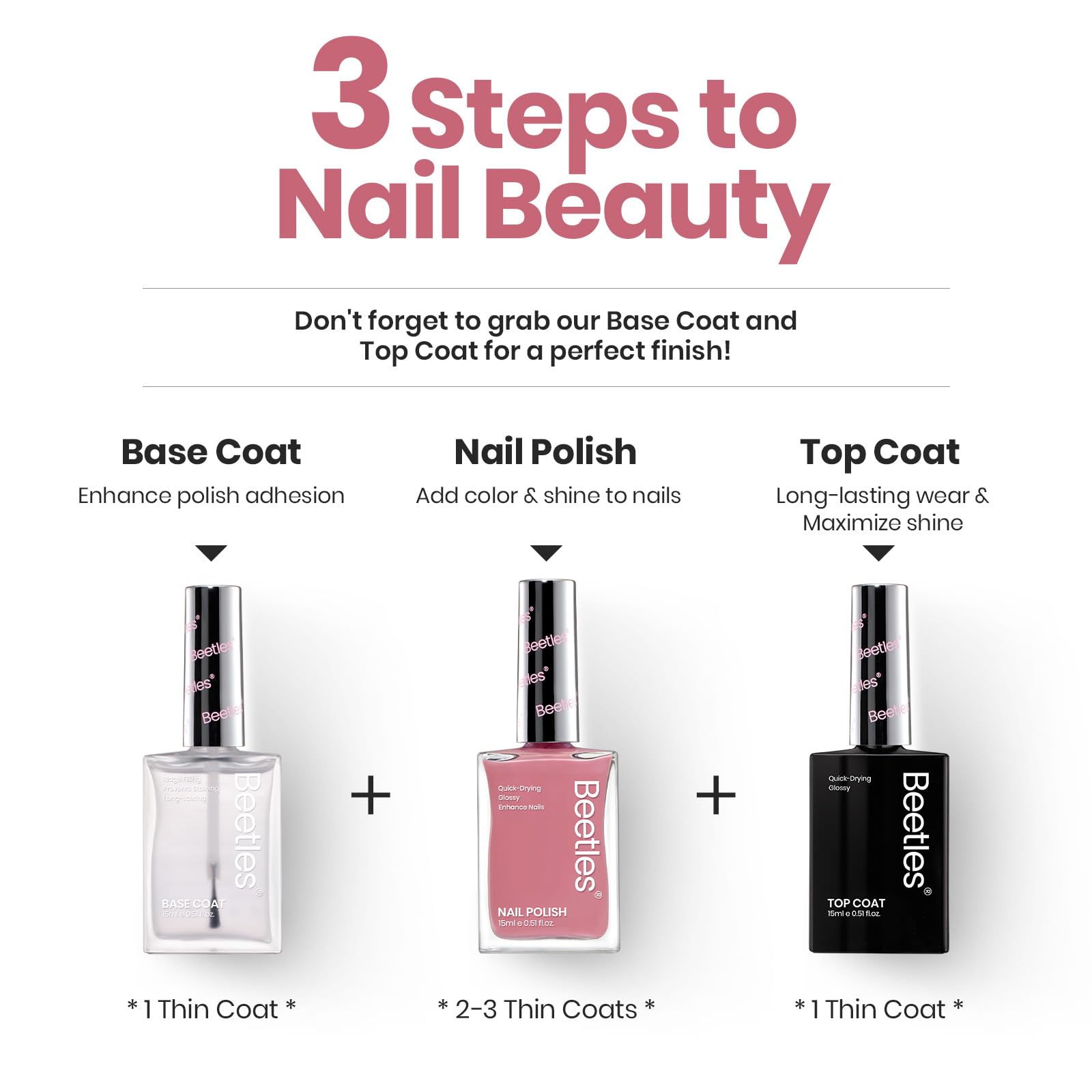 Beetles Pink Nail Polish - 15ML Dusty Rose Long Lasting & Quick Dry Nail Strengthener | 2-in-1 Ridge Filler Base Coat for Nail Growth | Valentine's Day Gift for Women | Perfect for Manicures, Pedicures & Special Occasions