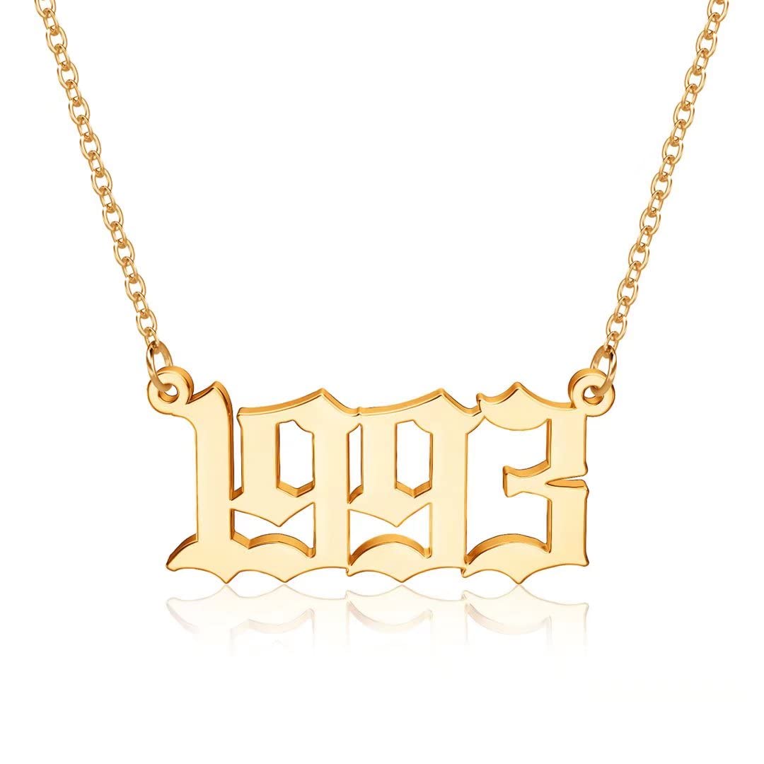 18K Gold Plated Old English Birth Year Necklace for Women - Personalized 1970-2021 Number Pendant Jewelry Gift | Birthday, Anniversary, Mother's Day Present