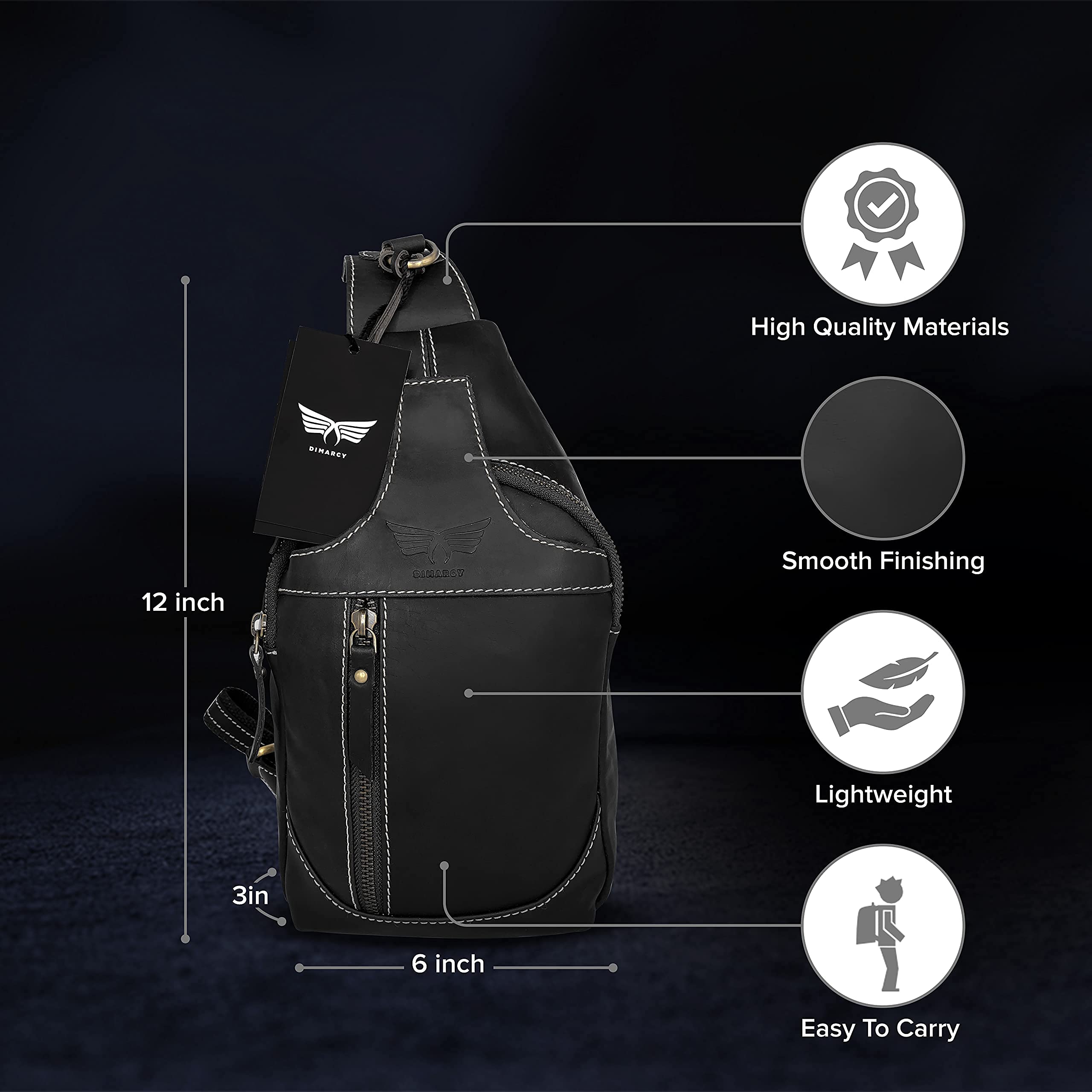 Men's Leather Crossbody Sling Bag - Small Casual Daypack Backpack with Adjustable Shoulder Strap - Multi-Purpose Chest Bag for Travel, Work & Daily Use (Black)