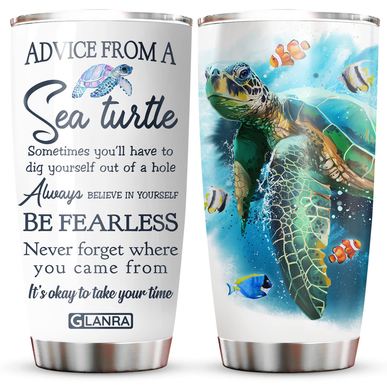 Advice From A Sea Turtle 20oz Stainless Steel Tumbler - Insulated Travel Coffee Cup for Women, Ocean & Beach Lovers - Perfect Birthday & Christmas Gift for Turtle Enthusiasts - Ideal for Work, Travel, and Outdoor Adventures