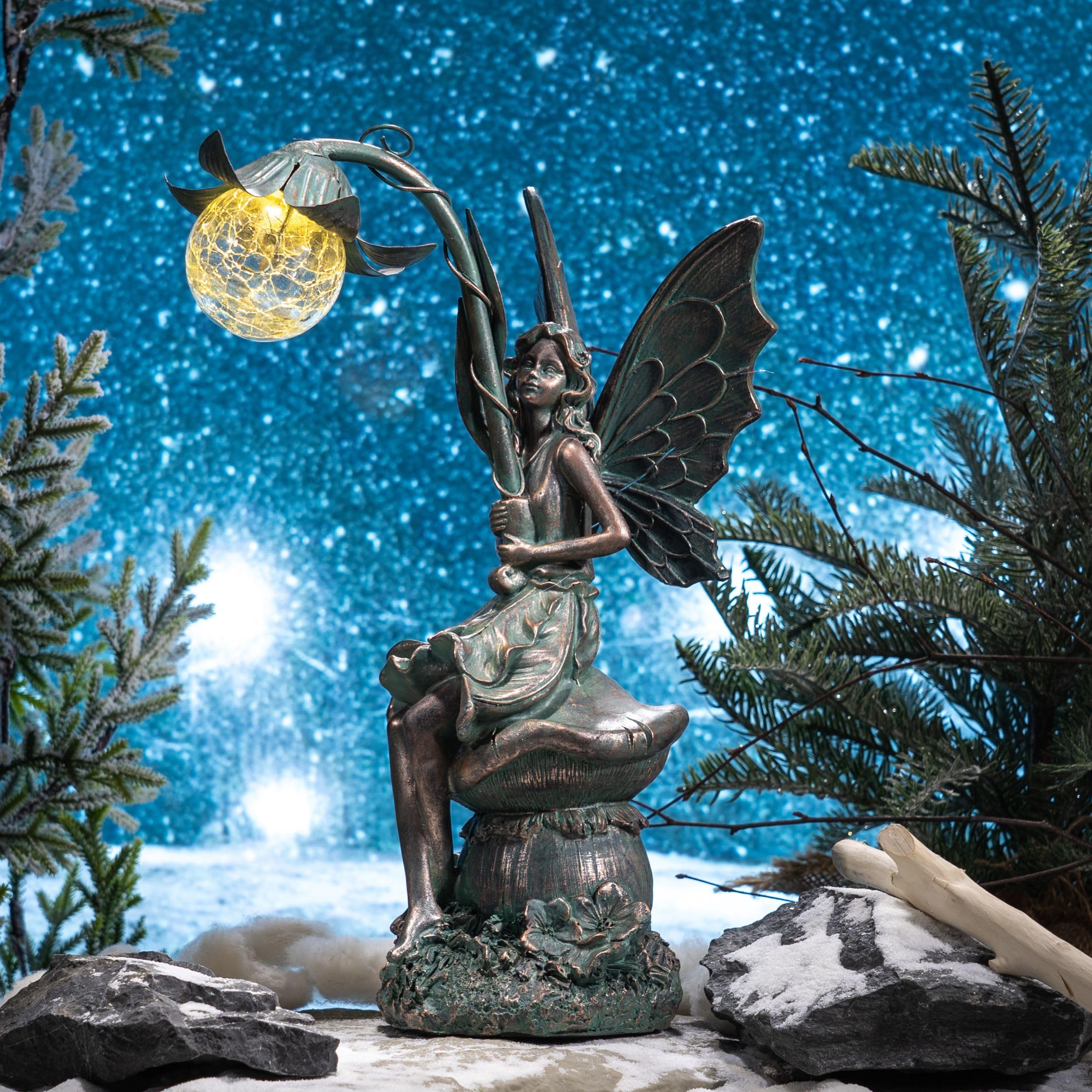 TERESA'S COLLECTIONS Outdoor Garden Statues - Solar Powered Fairy Sculptures & Figurines, 13.8'' Resin Patina Bronze Decor for Patio, Yard & Valentine's Gifts for Women & Mom | Weather-Resistant Garden Art for Romantic Backyard, Wedding Decor & Housewarming Present