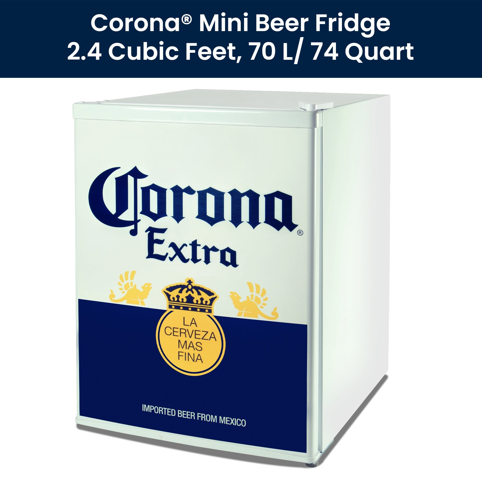 Corona Compact 2.4 Cu Ft (70L) Mini Fridge with Freezer - Blue & White Licensed Design, Tempered Glass Shelves, Space-Saving Flat Back, Reversible Door - Perfect for Dorm, Office, Home Bar, Man Cave or Small Spaces