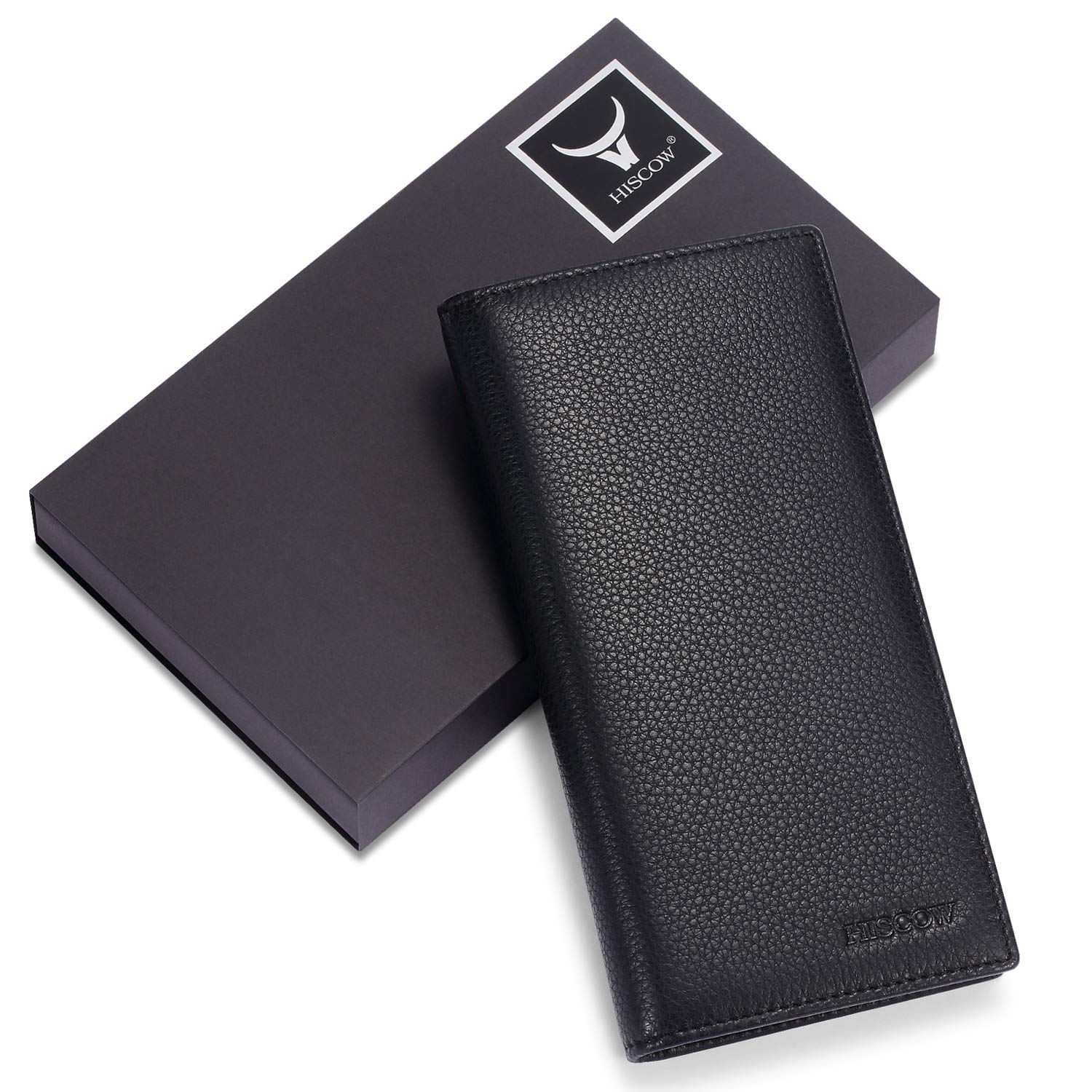 Premium HISCOW Bifold Long Wallet - 15 Credit Card Slots, RFID Blocking, Genuine Italian Calfskin Leather (Pebbled Black) - Perfect for Business, Travel & Everyday Use