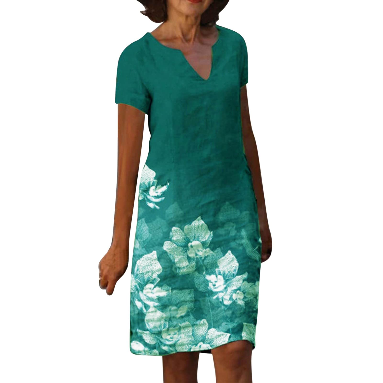 Dolloress Women's Summer Short Sleeve Butterfly Print V-Neck Midi Dress - Flowy Casual Sundress for Beach, Vacation & Outdoor Activities (Green, Medium)