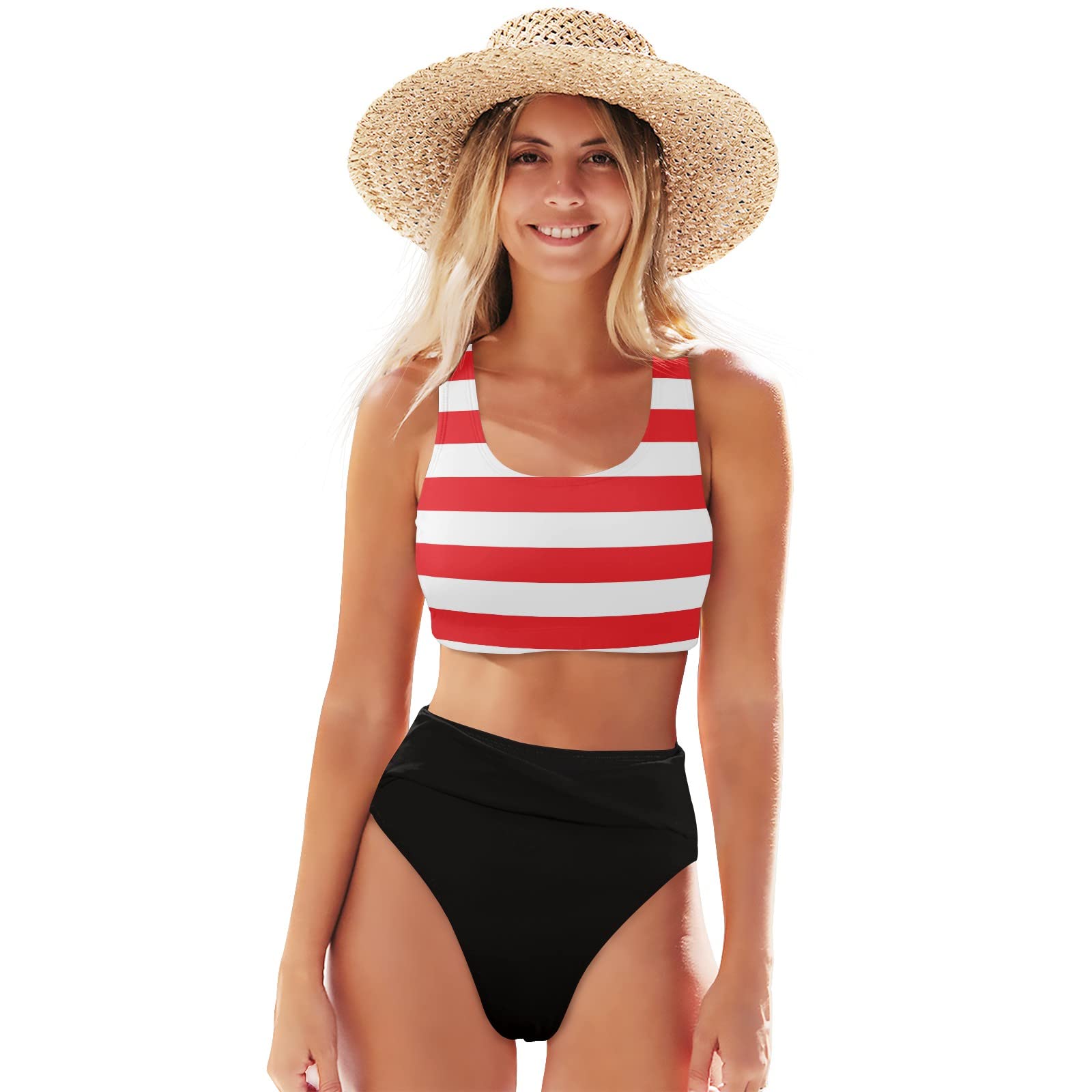 Women's Red and White Striped Two-Piece Bikini Set - Sporty Swimwear for Swimming, Beach & Pool Activities | High-Quality Bathing Suits for Active Women