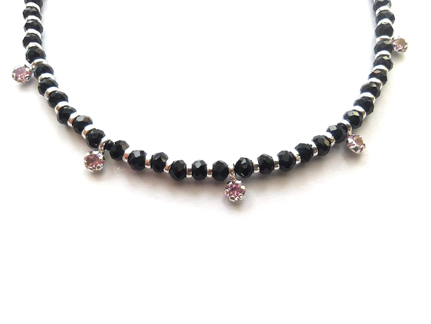 925 Sterling Silver Stylish Nazariya Anklet (Payal) with Black & Silver Crystal Beads for Women & Girls - Perfect for Weddings, Parties & Festive Occasions