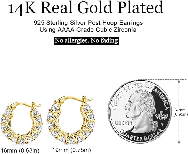 14K Gold & Sterling Silver Cubic Zirconia Hoop Earrings for Women - Hypoallergenic Diamond Huggie Earrings | Perfect for Everyday Wear, Parties & Special Occasions