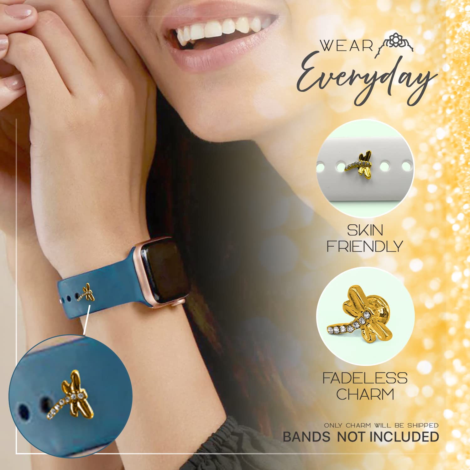 Stainless Steel Water Resistant Watch Band Charms - Sparkling Decorative Jewelry Accessories for Apple Watch, Fitbit Versa & Smart Watches (Pin-Based, Band Not Included) - Perfect for Daily Wear, Workouts & Special Occasions
