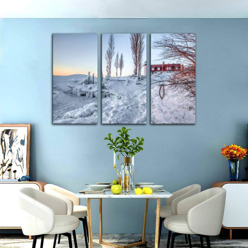 Michigan Winter Lighthouse on Great Lakes Canvas Wall Art - Modern 3 Panel Painting for Office, Living Room & Bedroom Decor - Coastal Landscape Artwork for Home & Workspace