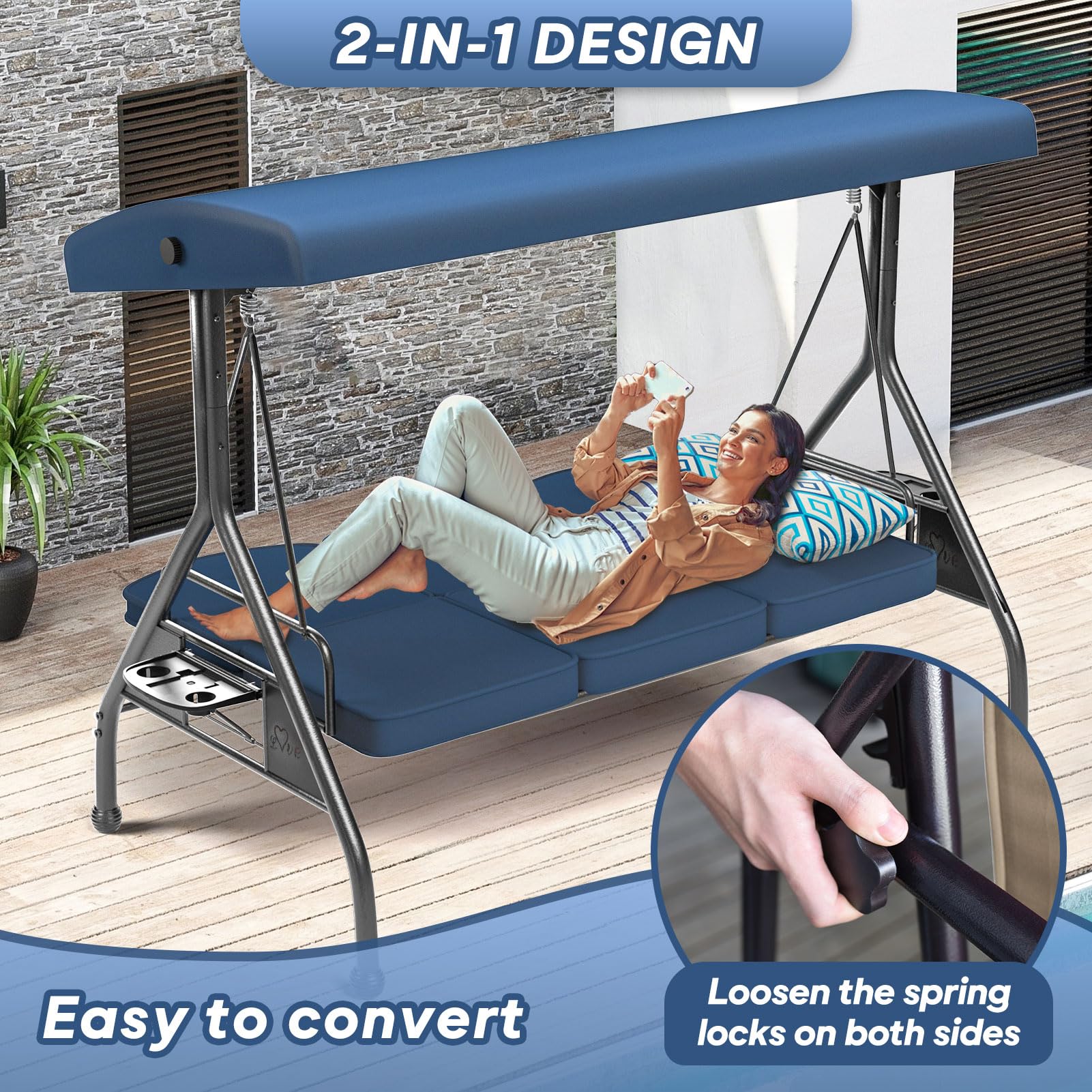3-Seat Outdoor Porch Swing with Stand - 800lb Capacity 2-in-1 Patio Glider Chair with Adjustable Canopy & Removable Cushions - Heavy Duty Steel Frame for Yard, Garden, Deck or Backyard Relaxation (Blue, Round Tube Design)