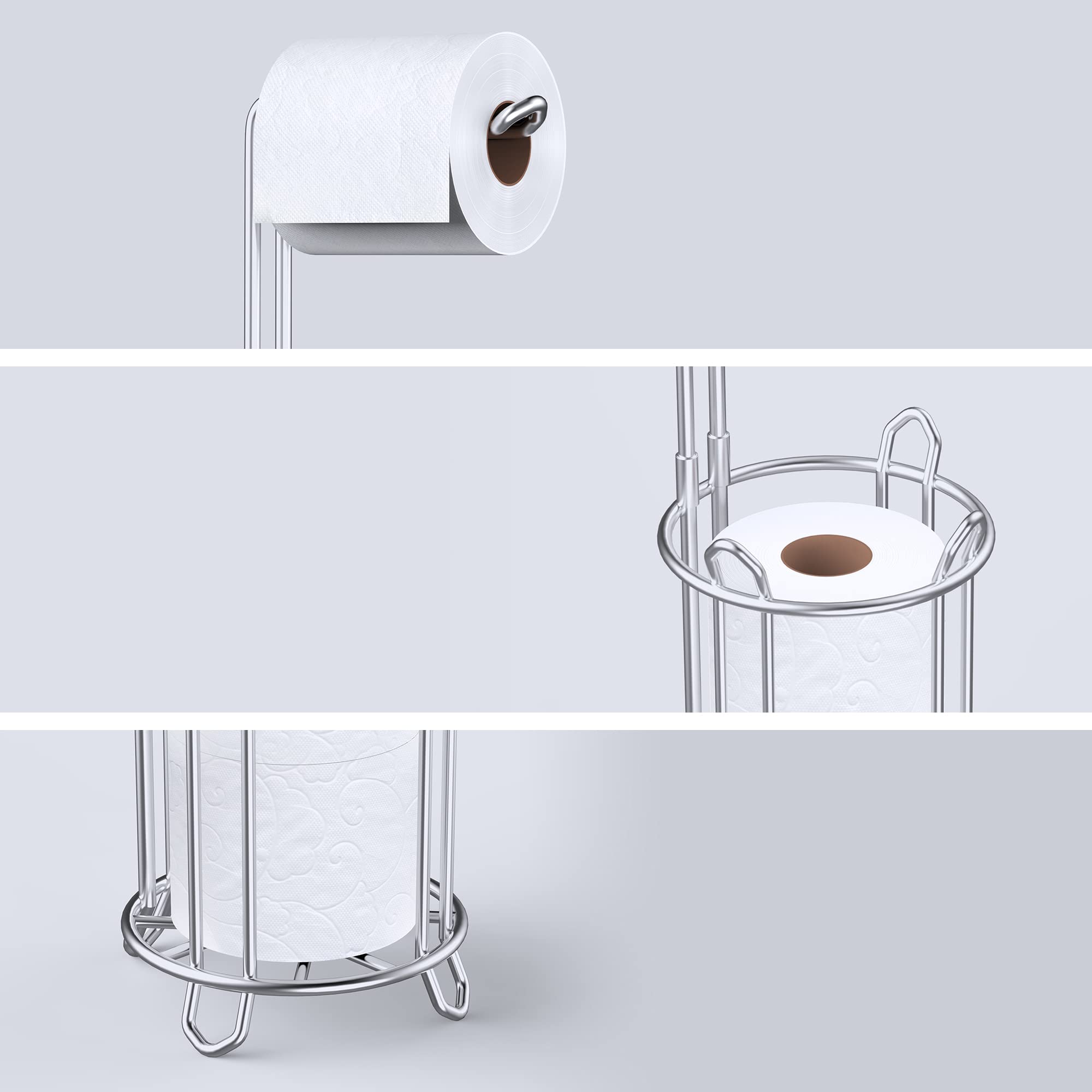 Meangood Free Standing Toilet Paper Holder Stand - Metal Wire Tissue Roll Dispenser for 4 Mega Rolls, Bathroom Storage Rack (Silver) | Perfect for Home, Office & RV Bathroom Organization