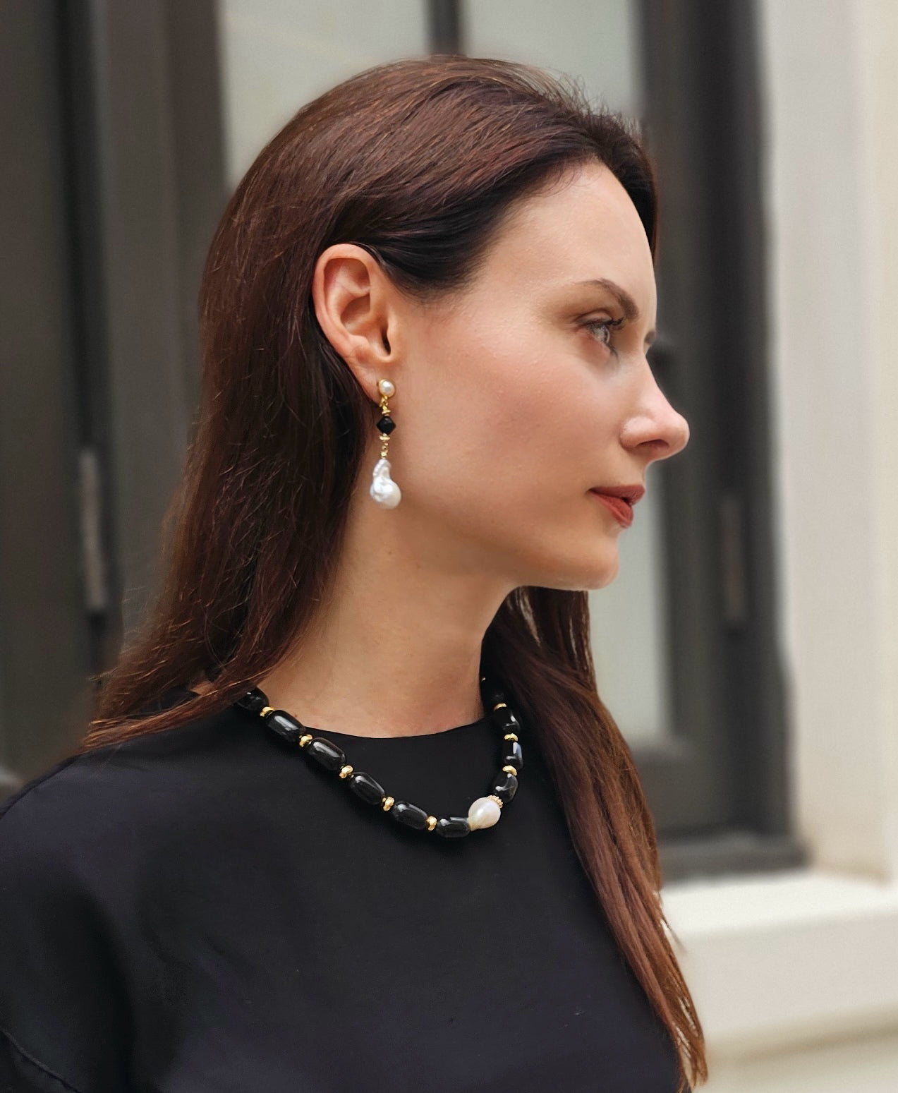 Baroque Pearls with Black Obsidian Clip-On Earrings NE007 | Vintage Style Dangle Earrings for Women | Perfect for Weddings, Parties & Evening Events