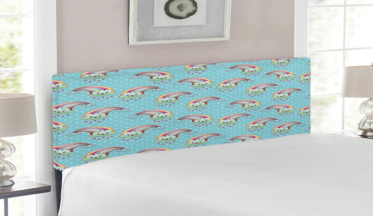 Ambesonne Anime Queen Size Headboard - Cartoon Rainbow Clouds with Smiling Faces on Pale Blue Background, Upholstered Decorative Metal Bed Frame with Memory Foam, Multicolor - Perfect for Anime Lovers' Bedroom Decor and Cozy Sleeping Experience