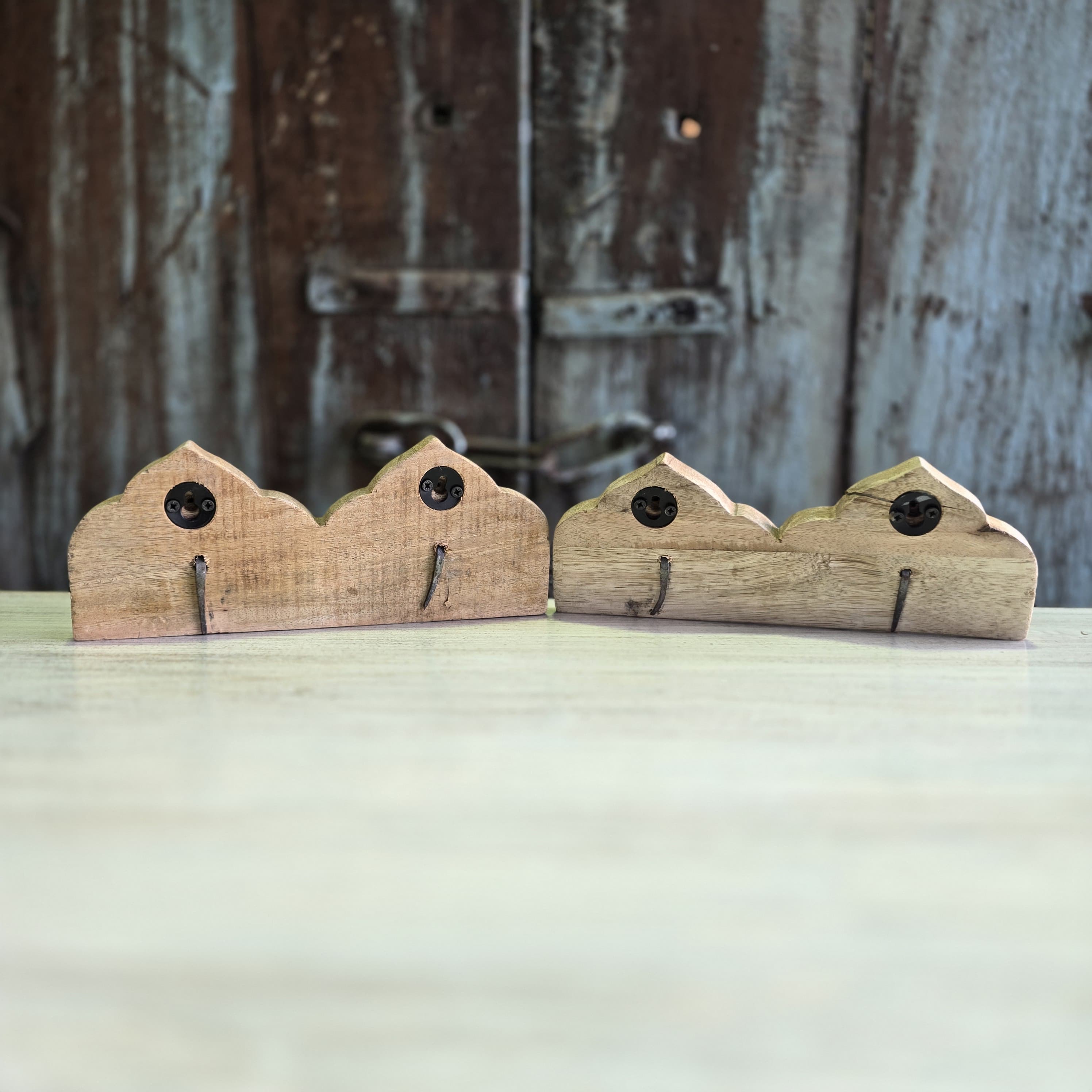 Handmade Carved Solid Wood Wall Hooks - Set of 2 Natural Wooden Coat Hangers for Entryway, Bedroom & Bathroom Organization - Rustic Indian Home Decor