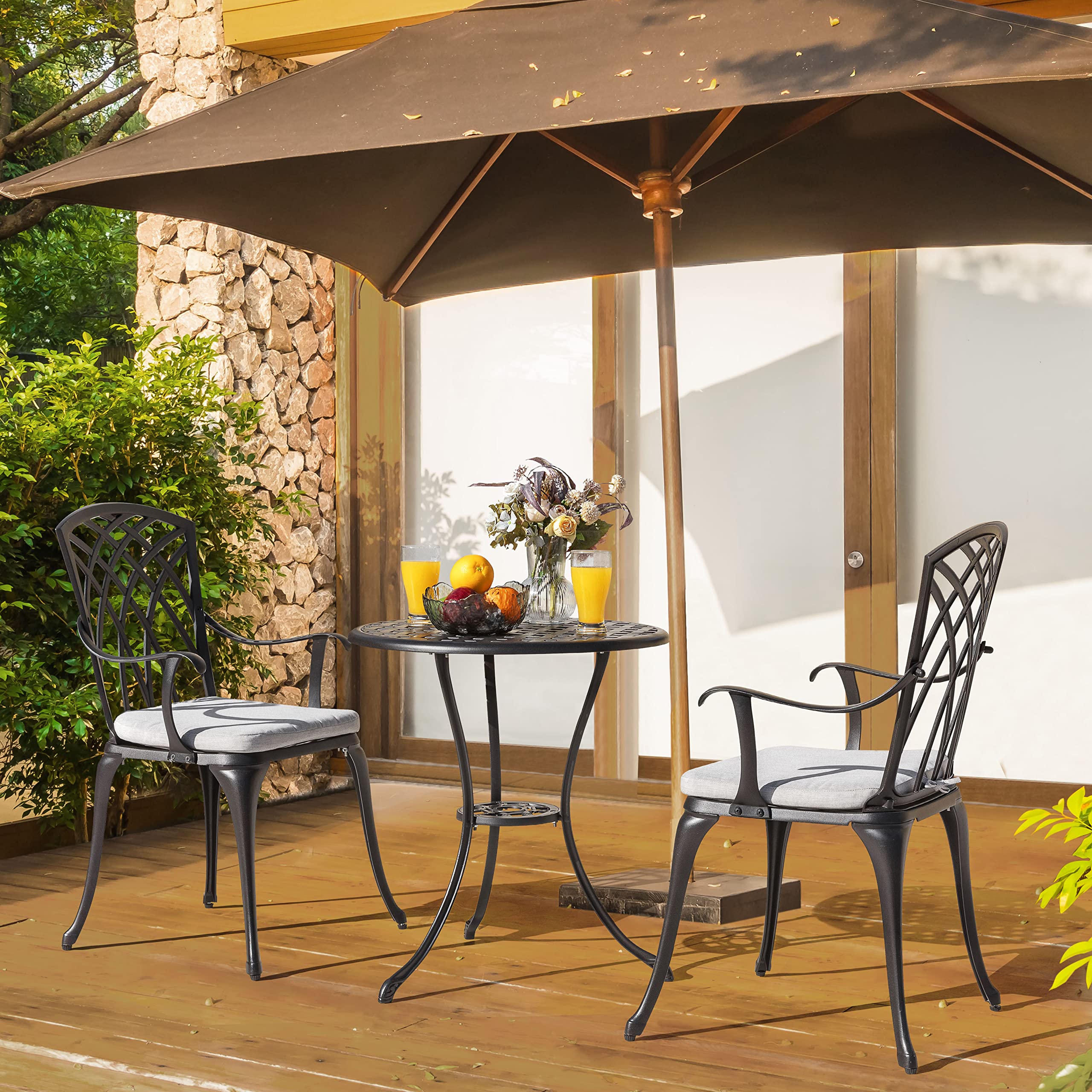 NUU GARDEN 3-Piece Outdoor Bistro Set - Black Cast Aluminum Patio Table with Umbrella Hole & Gray Cushions - Perfect for Balcony, Garden, or Backyard Dining